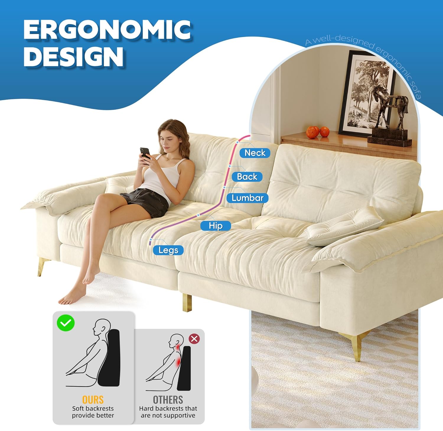 104.7'' Oversized Modern Loveseat, Luxury Chenille Couch, Deep Seat Modular Sectional Sofa, Removable Padded Armrests, Tufted Back, Gold Legs, 4-Seater Couches for Living Room Apartment, Beige