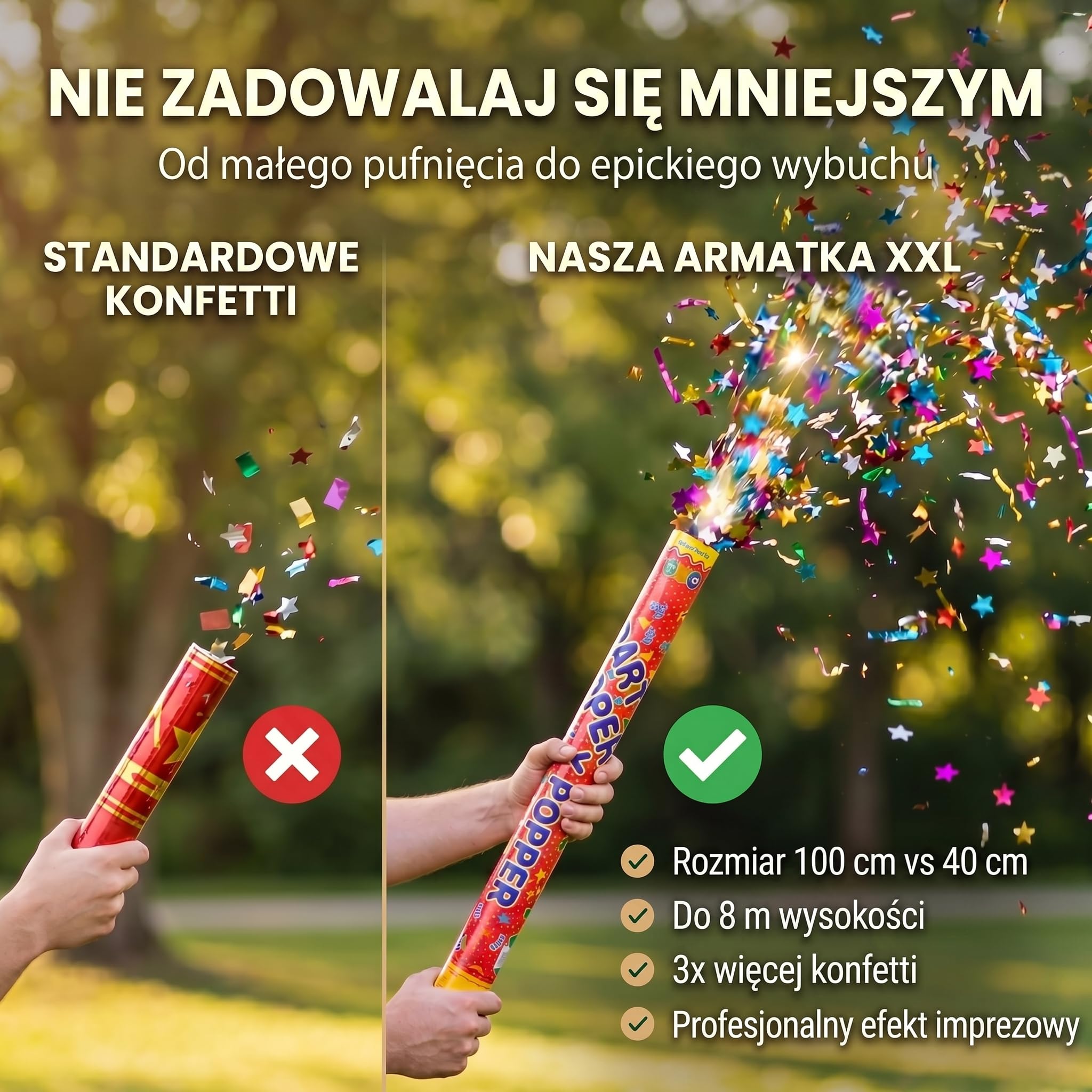 GOODS+GADGETS® Konfetti Armata XXL 100 cm – Party Popper 10er Set | Kolorowa strzelanka konfetti do 8 m – bez pirotechniki, metaliczna folia ognioodporna