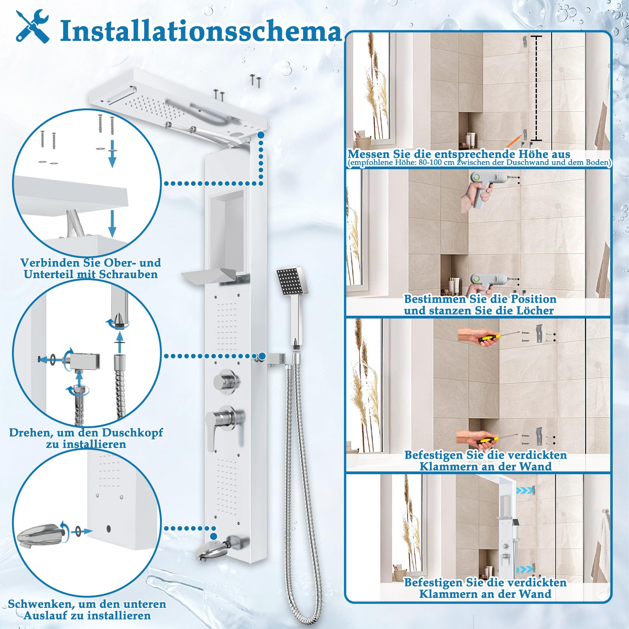 LZQ Pannello doccia in acciaio inox, sistema doccia a 5 funzioni, con doccia a pioggia, cascata, 2 getti massaggianti, doccetta e beccuccio, set doccia montato a parete (bianco)