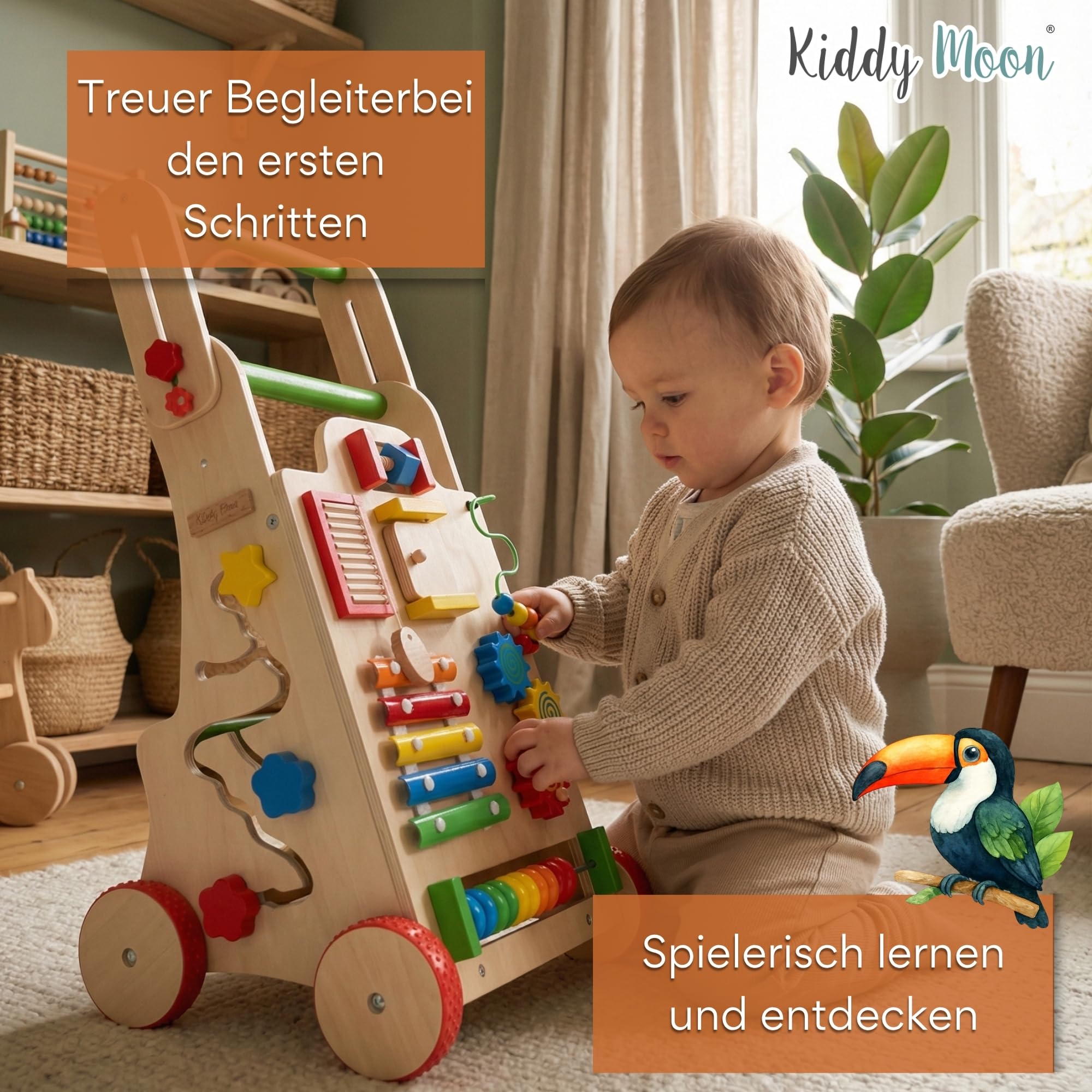 KiddyMoon Lauflernwagen Aus Holz Für Kinder Lauflernhilfe Spaß Babys, Laufen Lernen, Multifunktion Holzspielzeug Für Kleinekinder Montessori-Spielzeug, WK-002, Mehrfarbig