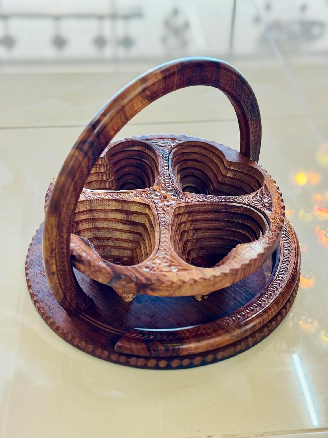 Handmade 12″ Collapsible Wooden Basket, 4-Compartment Heart Design in Himalayan Rosewood, Fruit Basket, Bread Bowl & Trivet, Folds Flat for Easy Storage – Unique Centerpiece & Gift