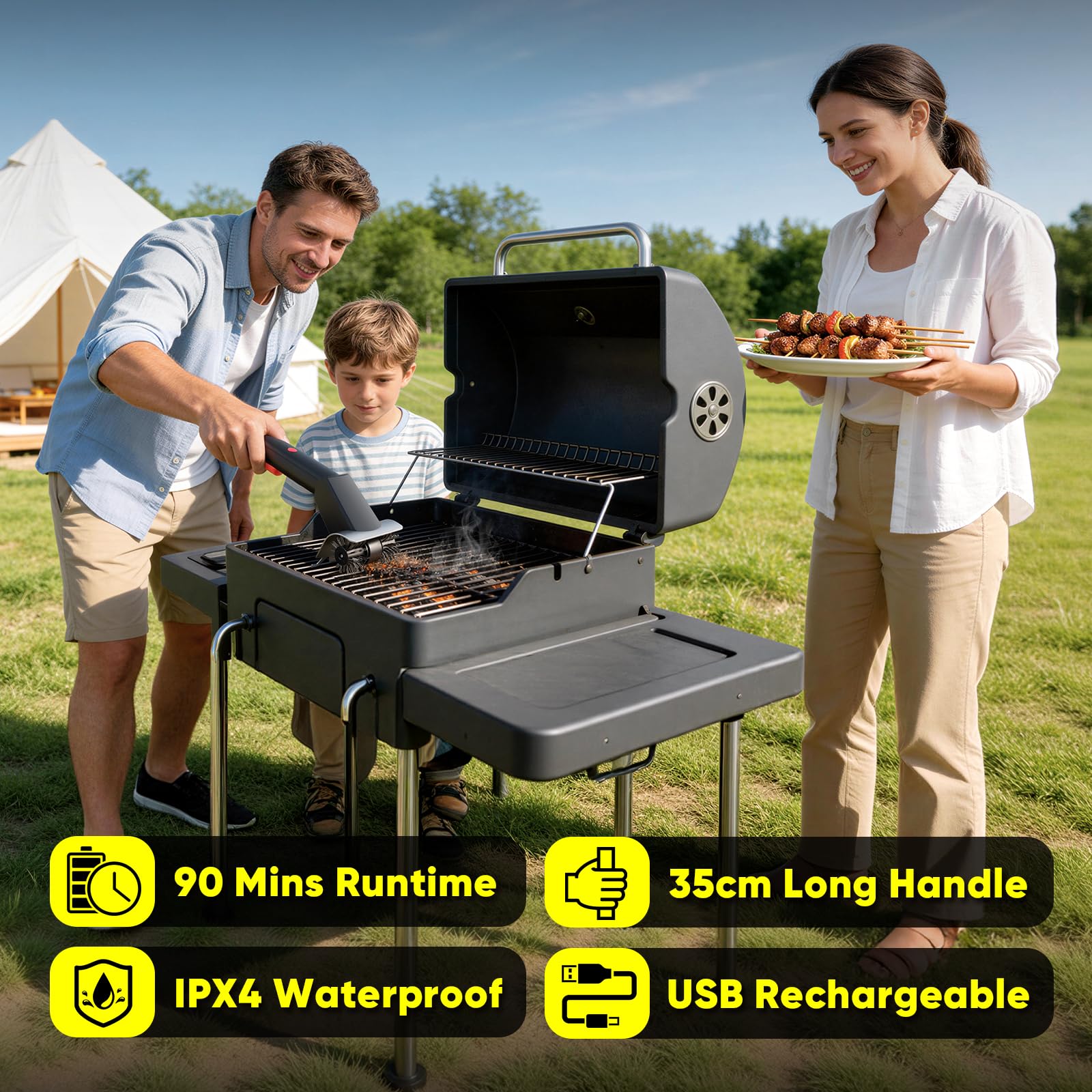 Elektrische BBQ Grill Reinigungsbürste - 2 in 1 rotierende Bürste mit Wasserspray, Edelstahlborsten, langer Griff, wiederaufladbar, IPX4 wasserdicht, für Outdoor-Grills und Herdplatten