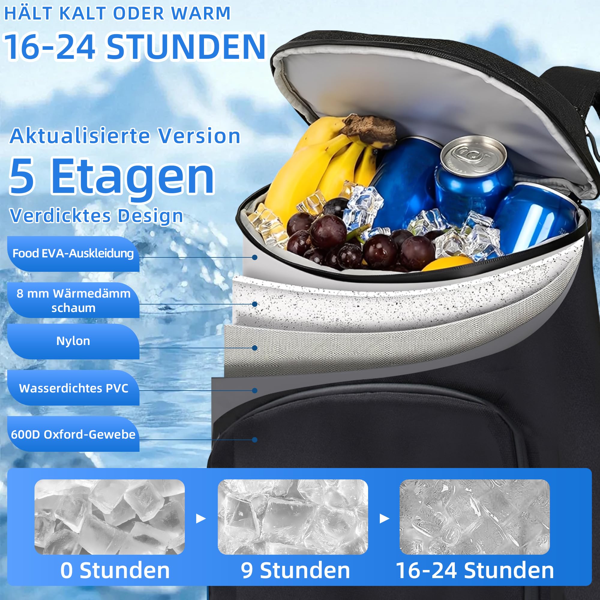 Camping Kühlrucksack,24L Kapazität Isolierter Picknickrucksack, Wasserdichter Rucksack-Kühler Auslaufsicher Tragbare Weiche Kühltasche für Strand, Reisen, Picknick