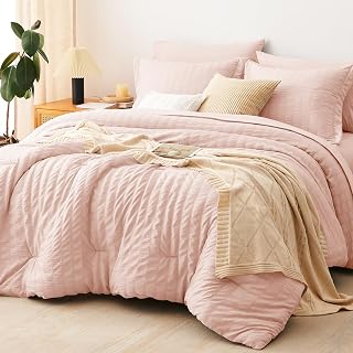 CozyLux Queen Comforter Set Blush Pink, 7 Pieces Seersucker Textured Lux...