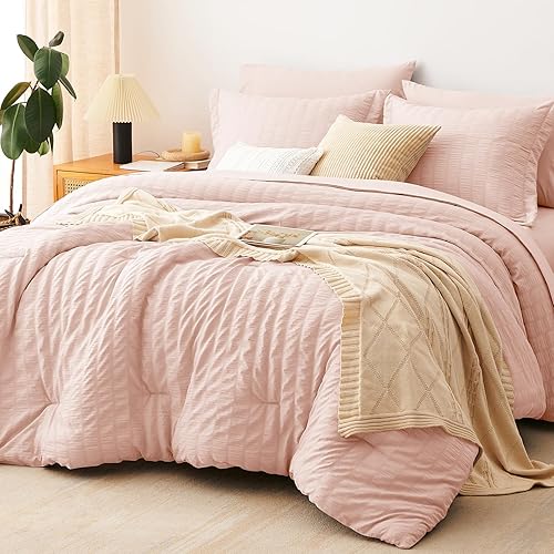 CozyLux Queen Comforter Set Blush Pink Seersucker 7 Pieces Bed