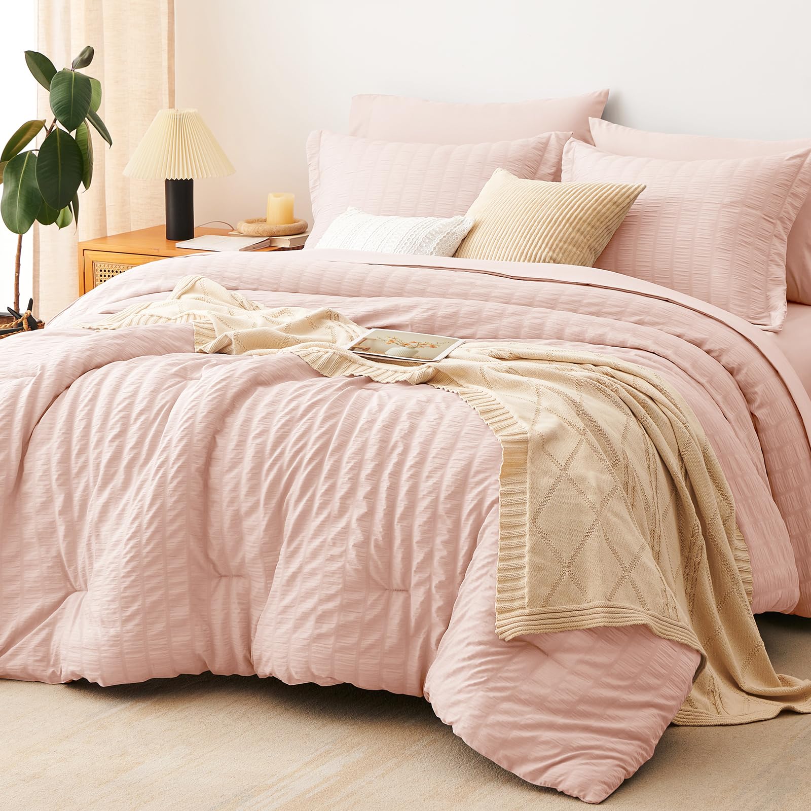 CozyLux King Size Comforter Set Blush Pink Seersucker 7 Pieces Bed in a Bag King Comforter Set with Sheets, Luxury Bedding Set with Down Alternative Comforter, Sheets, Pillowcases & Shams All Seasons