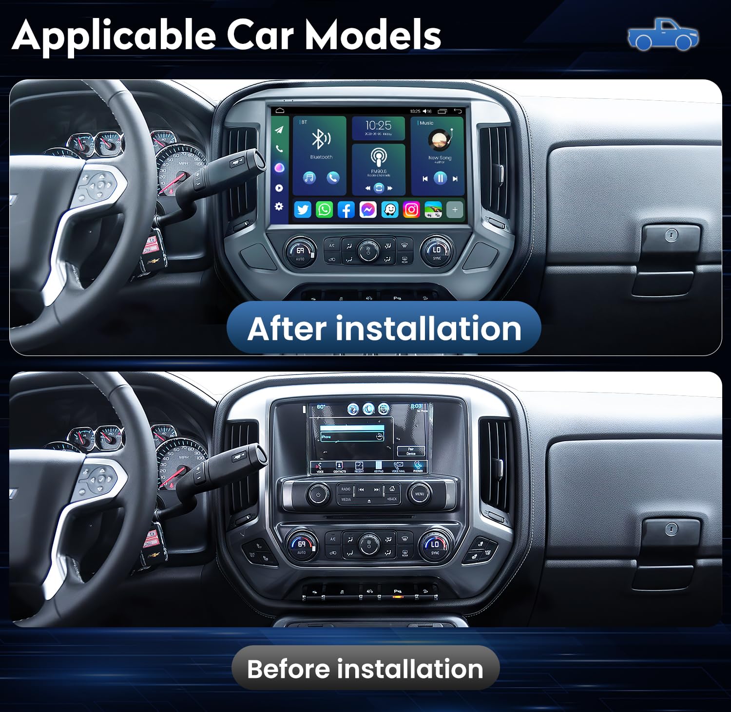 2K Screen 8G+128G Car Stereo Radio for Chevy Silverado and GMC Sierra 2014-2018: 13.1 Inches Touch Screen with Wireless CarPlay Android Auto Bluetooth 5GWiFi Android13 (Support upgrade to Bose system)