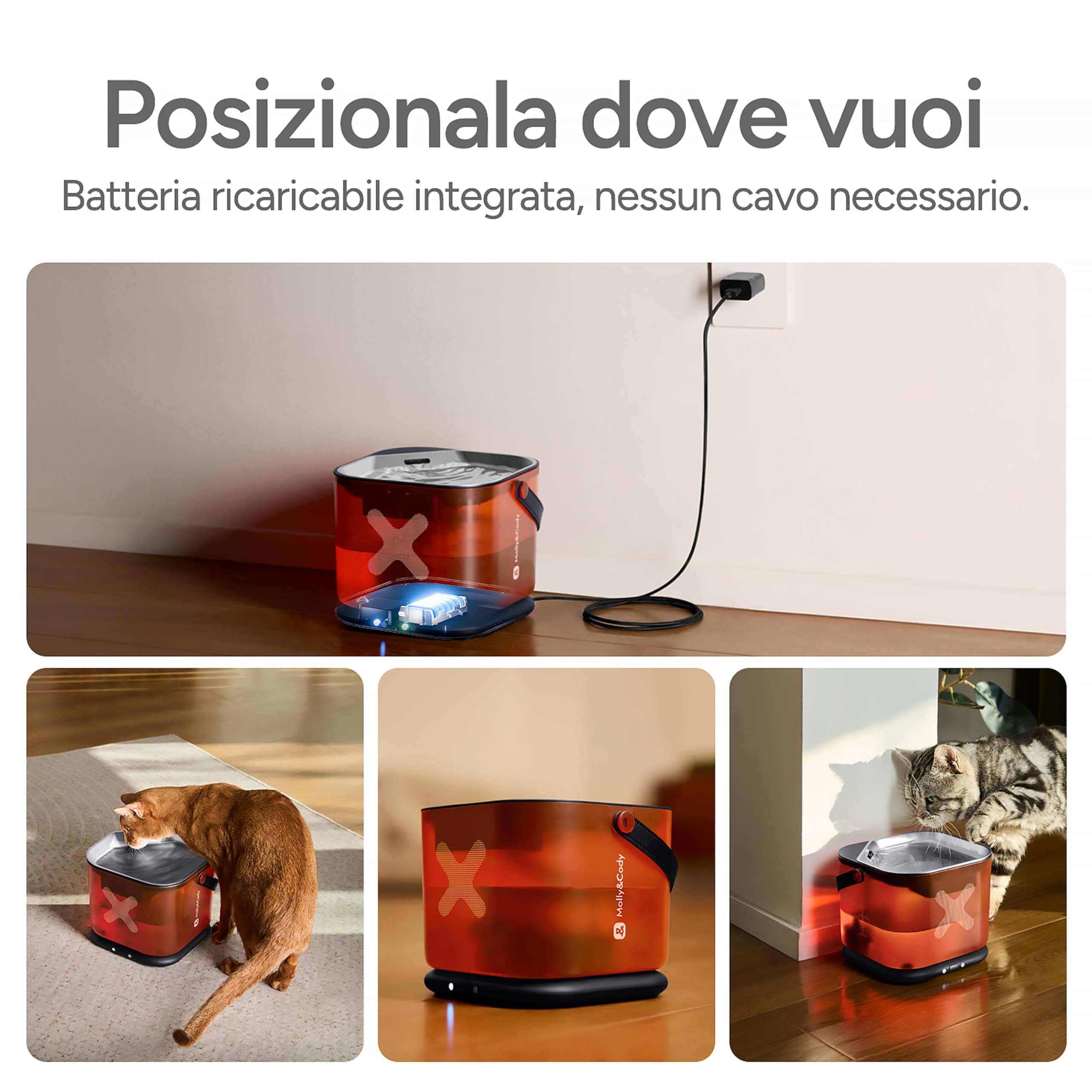 Molly&Cody Fontana d'acqua per gatti, fontana automatica senza fili per animali domestici, dispenser d'acqua in acciaio inox da 3 litri con base staccabile, funzionamento a batteria, silenziosa per