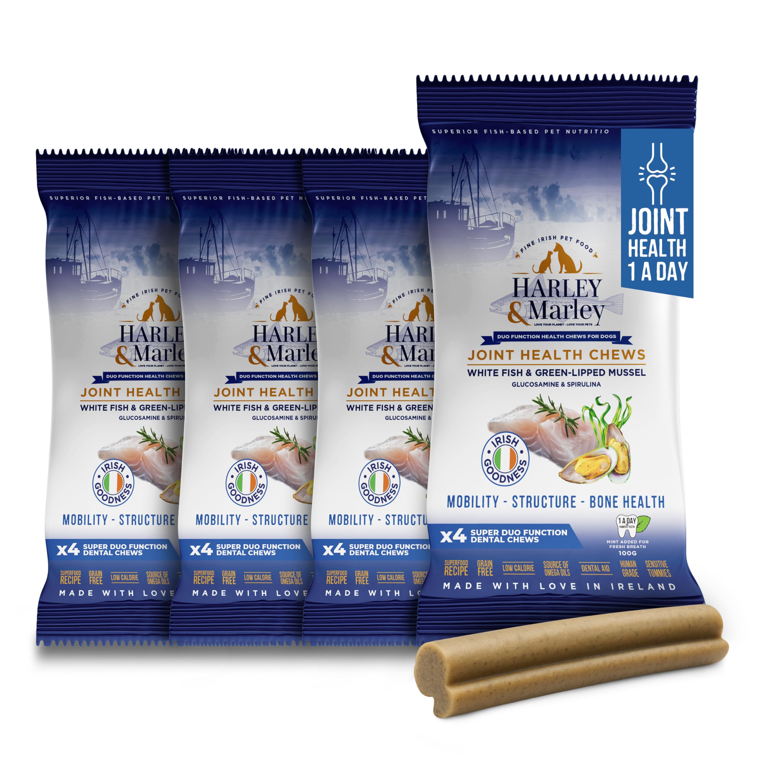 Harley & Marley Joint Health Duo Function Chews for Dogs - Natural Joint Supplements with Glucosamine - Hip & Joint Care, Arthritis & Pain Relief for Senior Dogs - Supports Teeth & Gums - 4pk (4/pk)