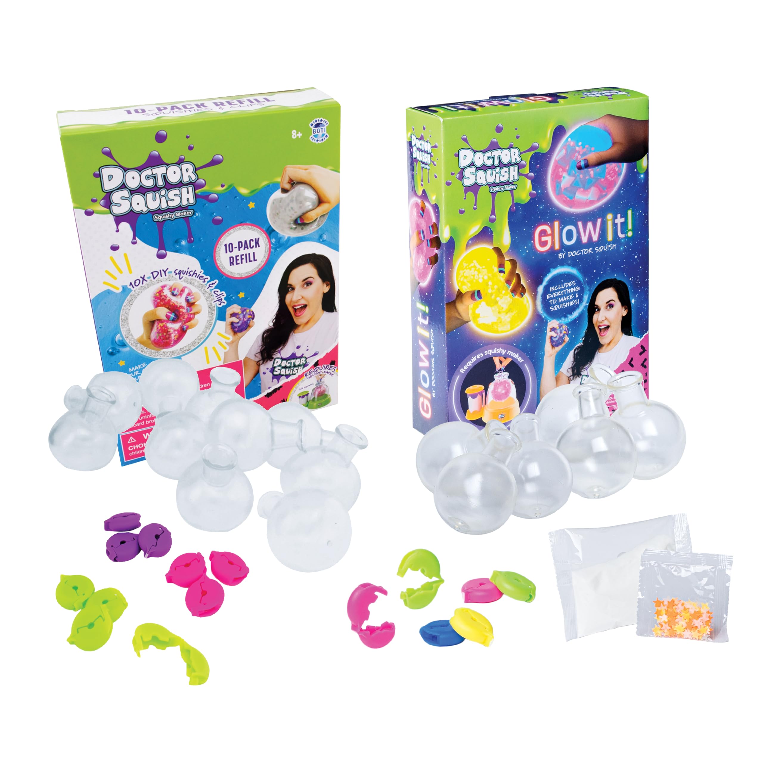 Doctor Squish Squishy Pack Combo Refill | Both Standard & Glow in The Dark Refills with TPR Balloons, Reusable Clips, Sparkles & Slime Powder | Make