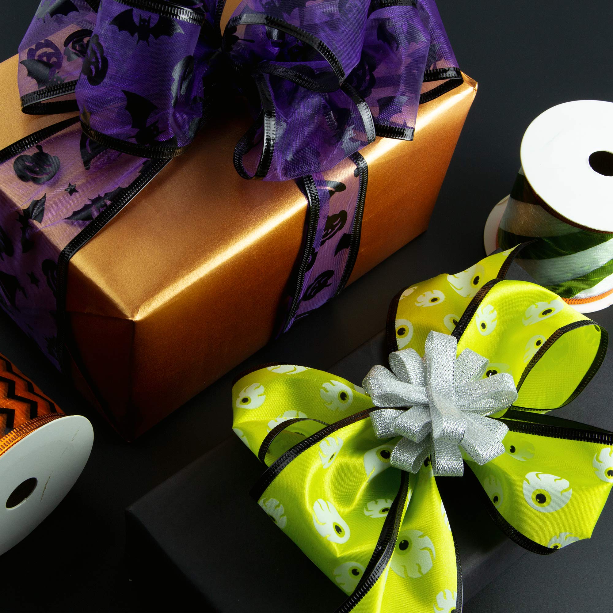 VATIN Halloween Ribbon Wired, Assorted Swirl Sheer Organza Glitter Ribbon for Crafts Gift Wrapping, Holiday Ribbons Halloween Design Decorations, (6 Roll x 6 yd) by 2.5 inch