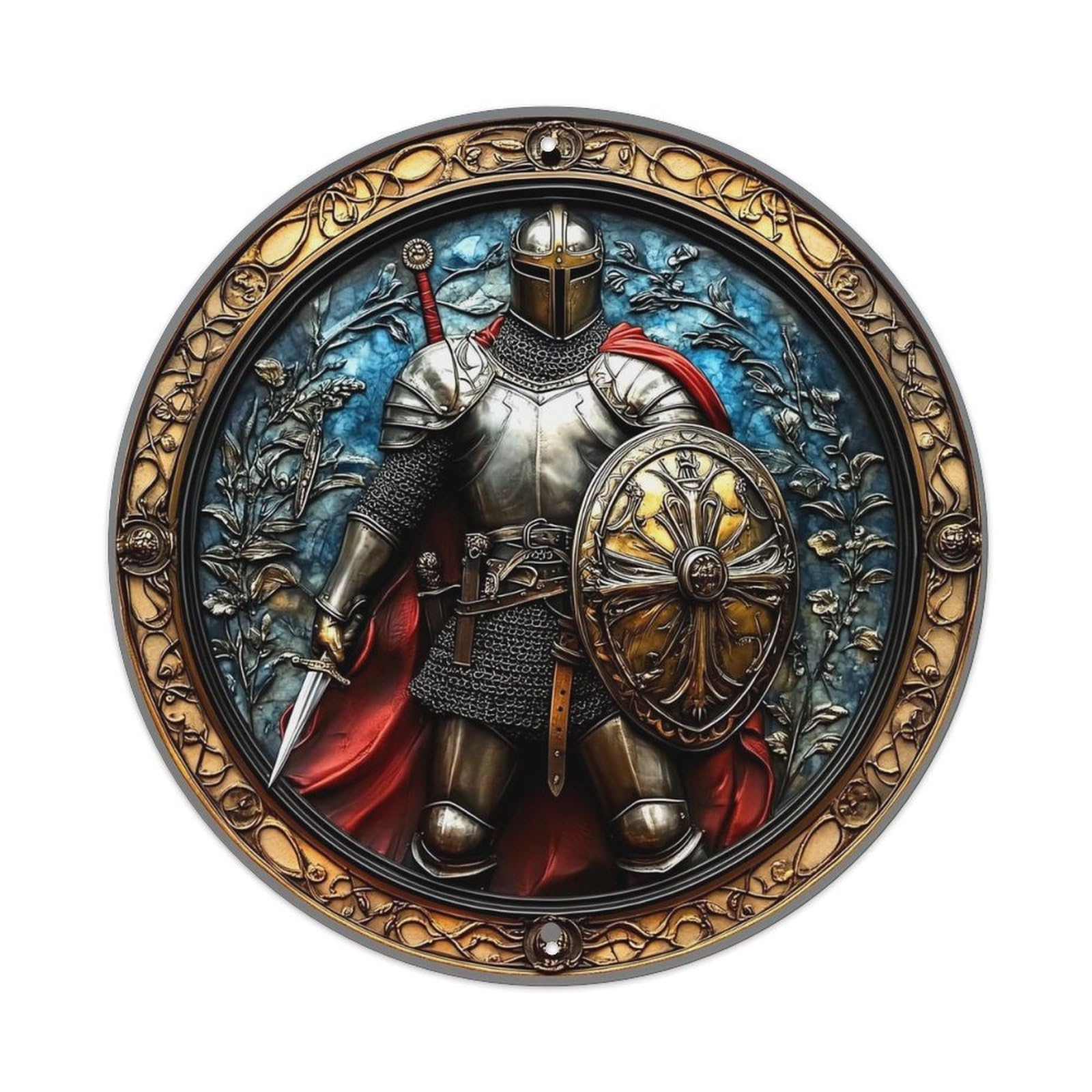Knight Armor Shield Sword Red Retro Metal Sign Round Tin Sign, Vintage Decor Art Poster for Bar, Home, Man Cave, Kitchen, Laundry Room Gift 8x8Inch