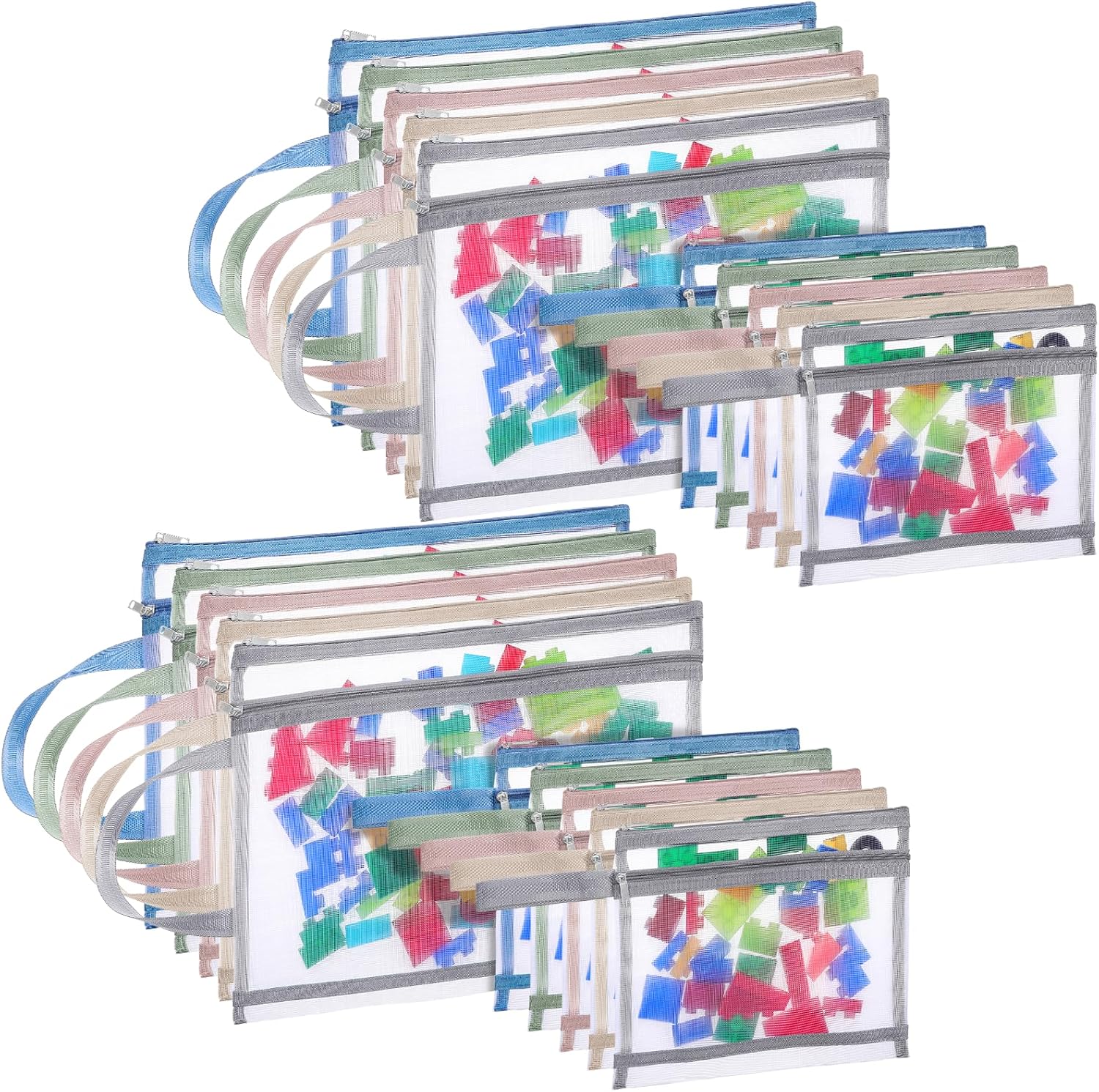 SHENLIU 20 Pack Mesh Zipper Pouch Bags, 5 Colors Double Layer Nylon Mesh Bags with Handle Storage & Organization A4 & A5 Breathable See Through Zipper Pouch for Puzzle Board Storage Office Travel