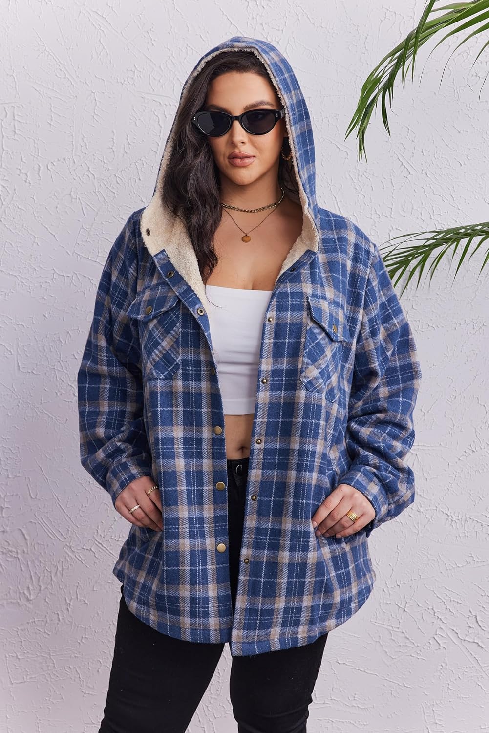 IN'VOLAND Plus Size Women Flannel Plaid Shacket Jacket Long Sleeve Button Down Fleece Hooded Jackets Fall Winter Coat - Image 3