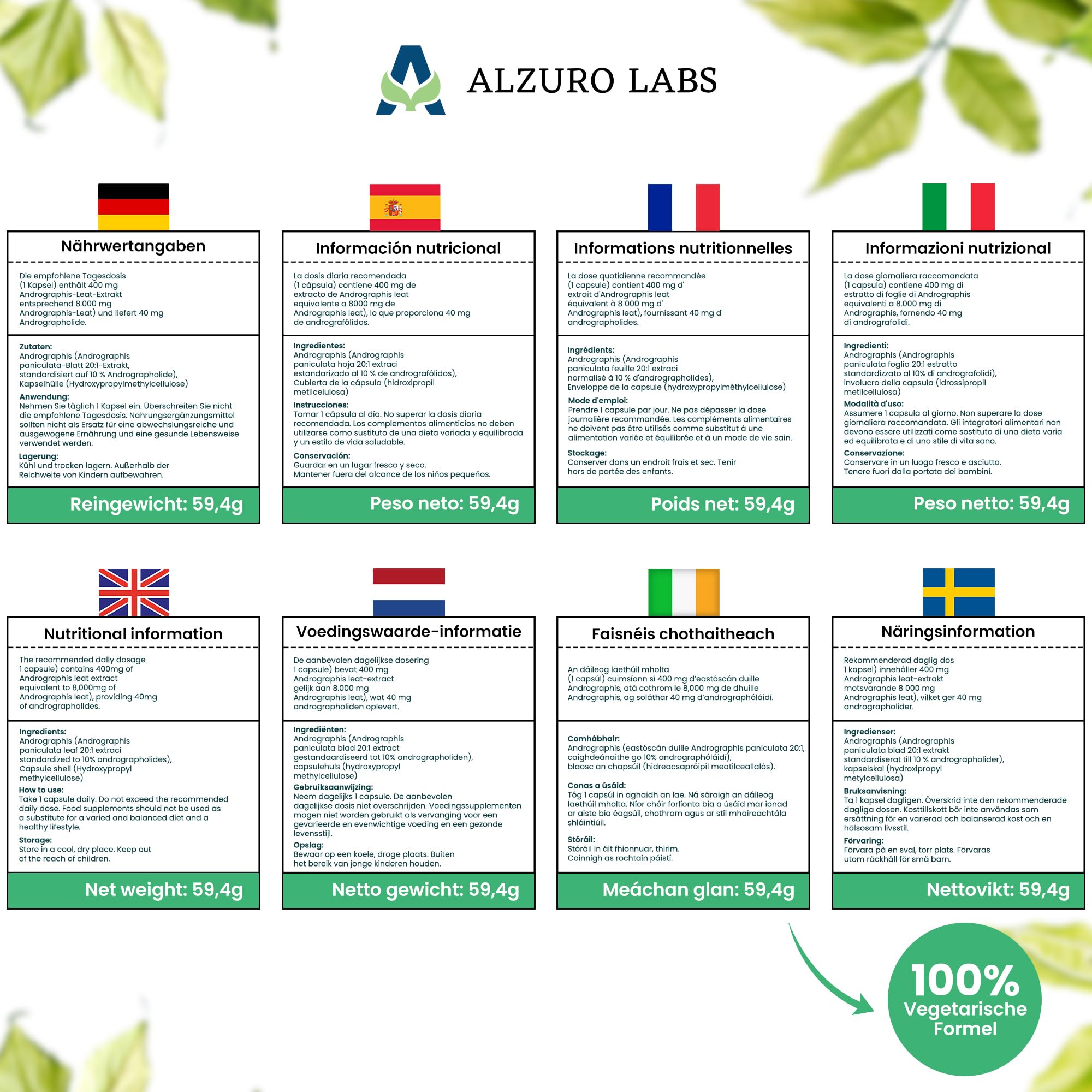 Andrographis paniculata | 8.000 mg Äquivalent | Hochdosiert 400 mg 20:1 Extrakt (10% Andrographolide) | 120 vegane Kapseln | GMP & Laborgeprüft