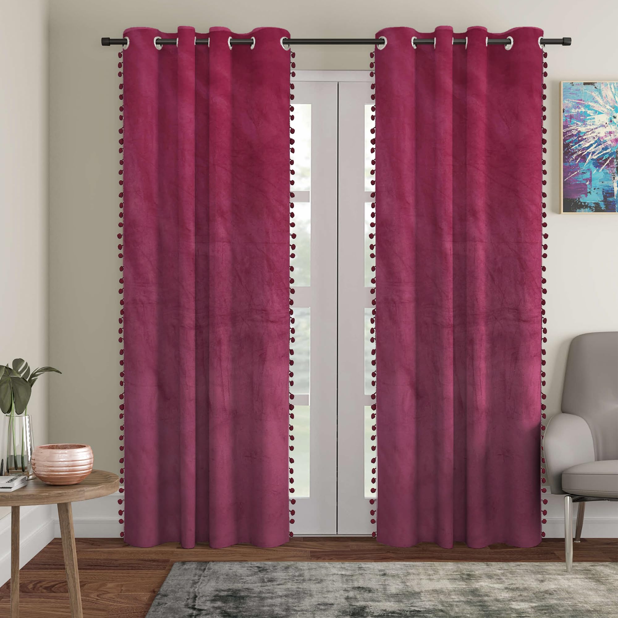 STITCHNEST Premium Velvet Semi Blackout Curtains with Pom Pom – Pack of 1 Door Curtains, Elegant Maroon Color for Bedroom & Living Room (Size: 9ft)