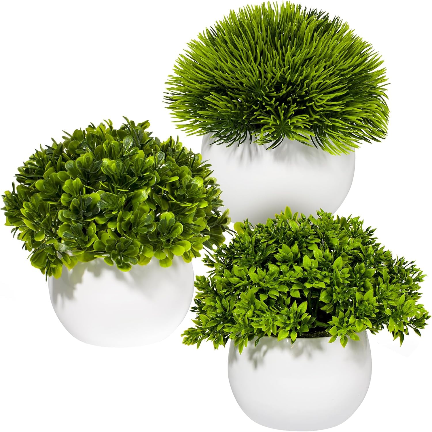Dekorly Mini Artificial Potted Plants,Mini Fake Plants Plastic Fake Green Grass, Faux Plant,Small Artificial Plants in pots for Home Indoor Tabletop Bathroom Shelf Decor (White Round Pot, Set of 3)