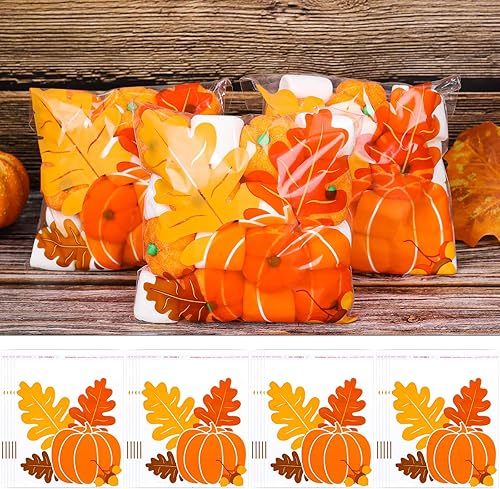 Whaline 400 bolsas de celofán de otoño, autoadhesivas, hojas de otoño, bolsas de celofán de calabaza, bolsas de plástico para cosecha, dulces de