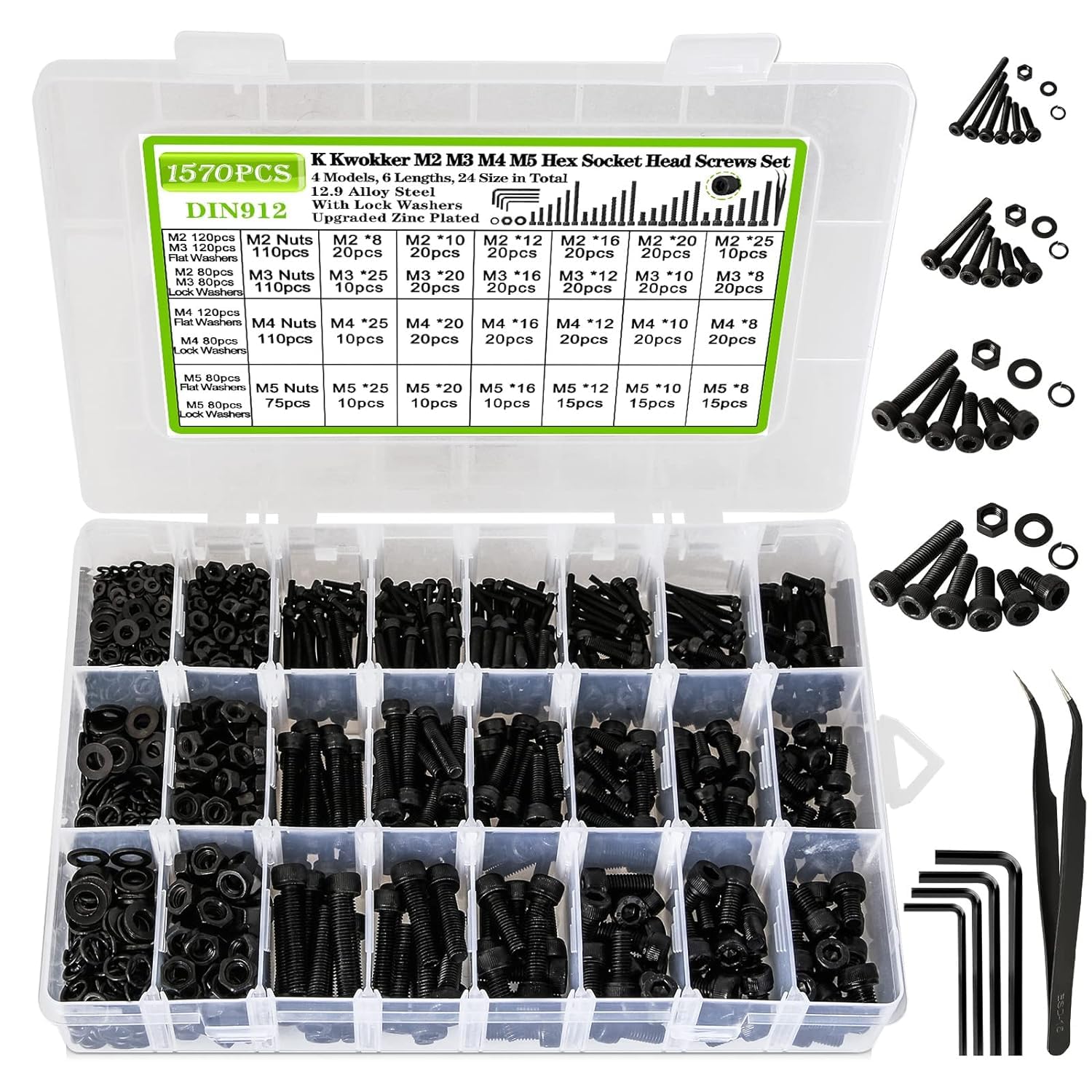 K Kwokker 1575PCS Hex Bolt Set, M3 Nuts and Bolts, M2 M3 M4 M5 Black Nuts and Bolts Set