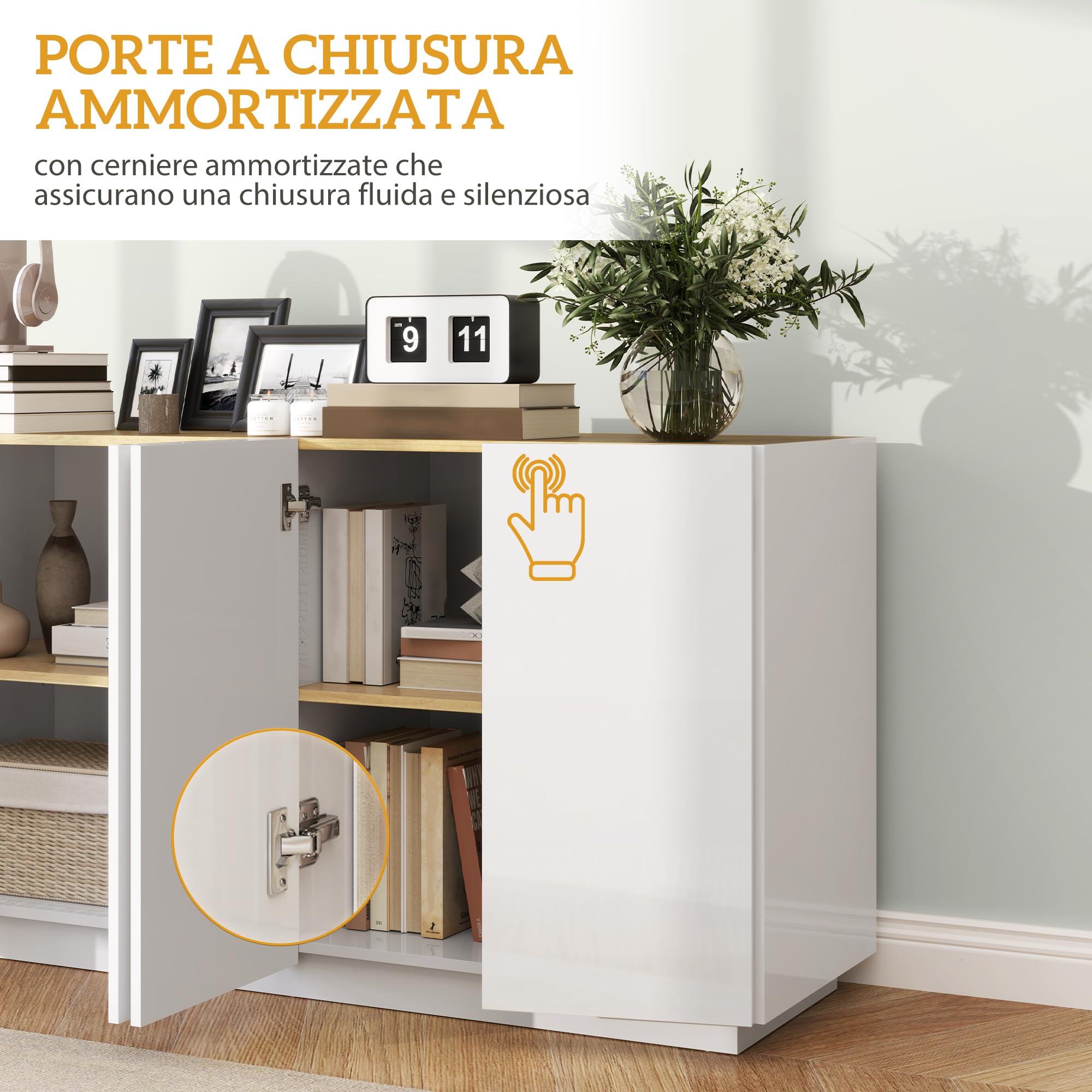 HOMCOM Credenza Soggiorno con Armadietti a 2 Ante, Madia Soggiorno Moderna con Ripiani Regolabili e Chiusura Ammortizzata, per Sala da Pranzo e Soggiorno e Salotto, 140x40x75 cm, Bianco Lucido
