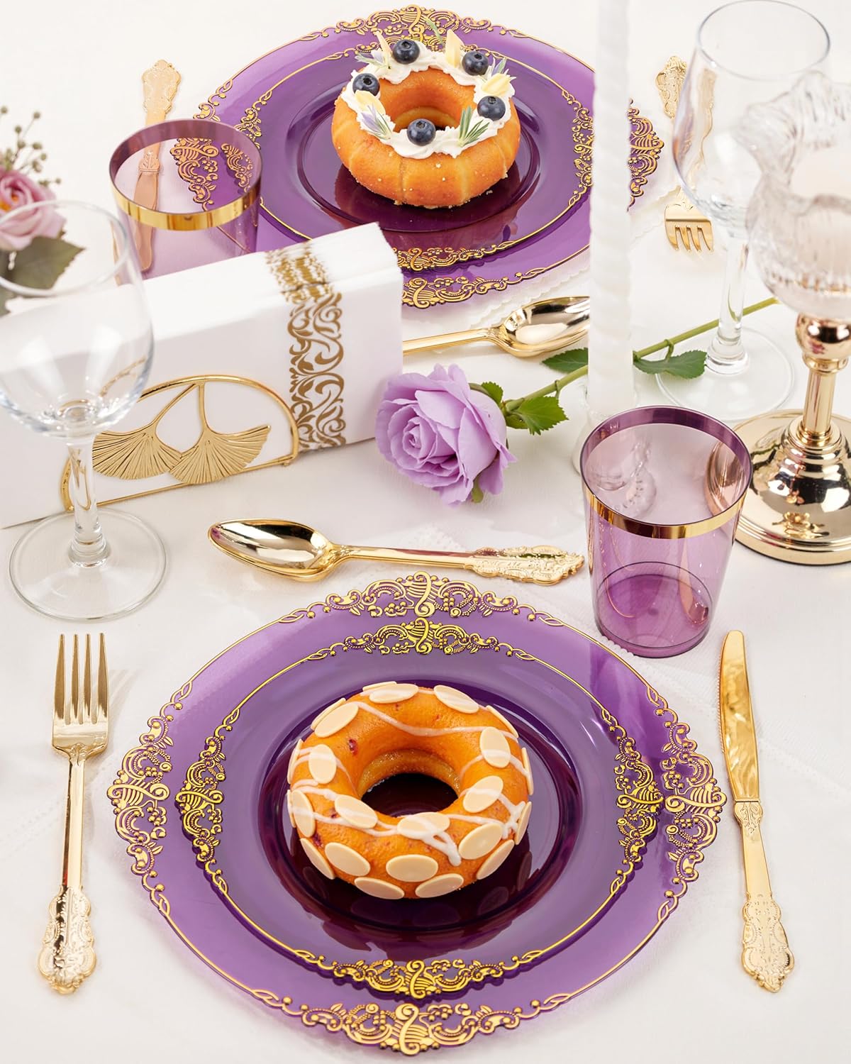 Nervure 175PCS Clear Purple Plastic Plates - Purple Party Plates Set for 25 Guests Include 25Dinner Plate, 25Dessert Plate, 25Cups, 75 Cutlery, 25Napkins Perfect for Wedding, Party & Bridal