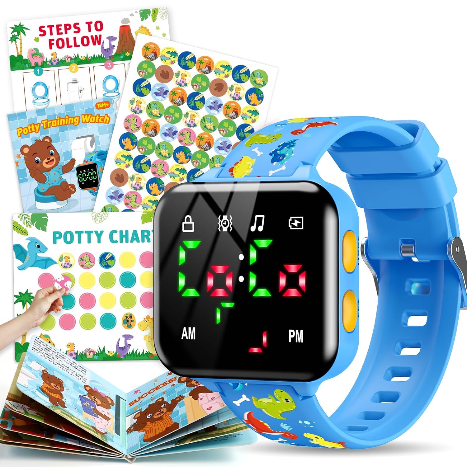Potty Training Watch & Chart & Book for Toddler Boys: Water Resistant Potty Watches Dinosaur Potty Training Sticker Reward Chart for Kids 3 in 1 Toddler Toilet Training Tools Set (Blue)