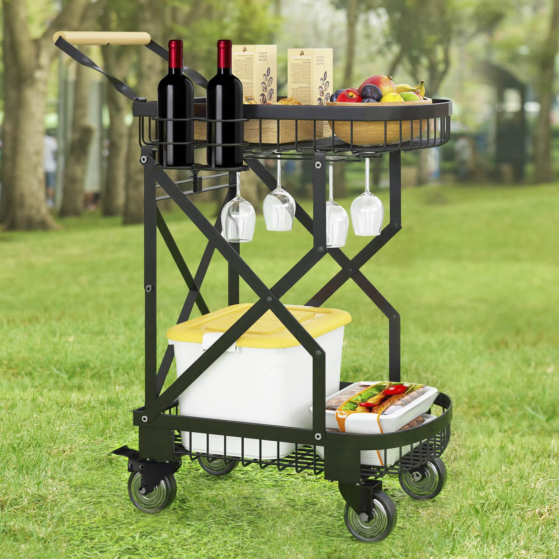 Mimoke Carro de barbacoa, carrito auxiliar con mesa de barbacoa con ruedas, plegable de acero al carbono, mesa auxiliar para jardín, para viajes al aire libre, compras (tamaño mediano)