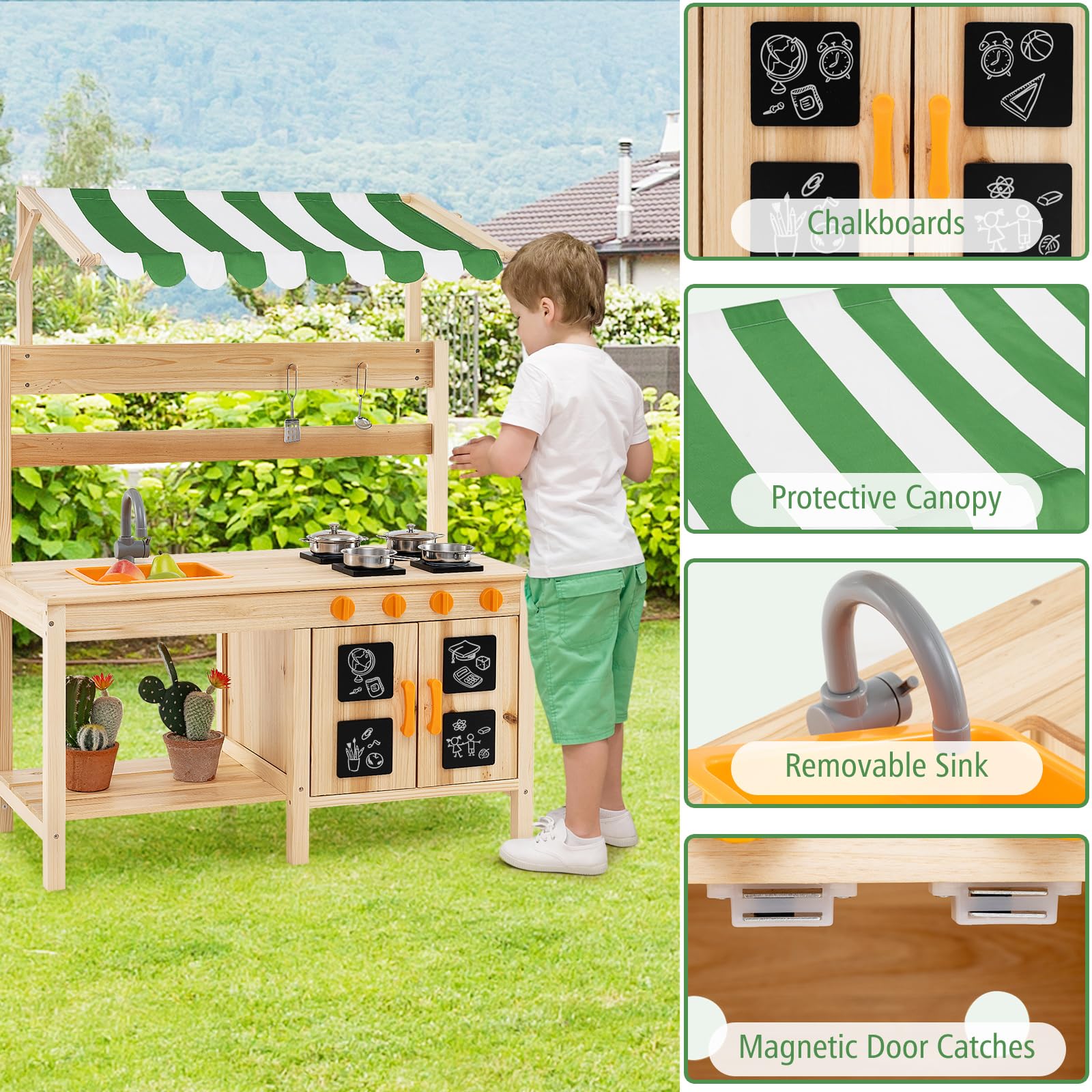 HOMASIS Cucina per Bambini con Tettoia, Cucina Giocattolo in Legno con 4 Fornelli, 2 Ganci, 1 Lavello e 4 Lavagnette, Cucinetta per Bambini da 3+ Anni da Esterno, 88 x 39 x 117 cm