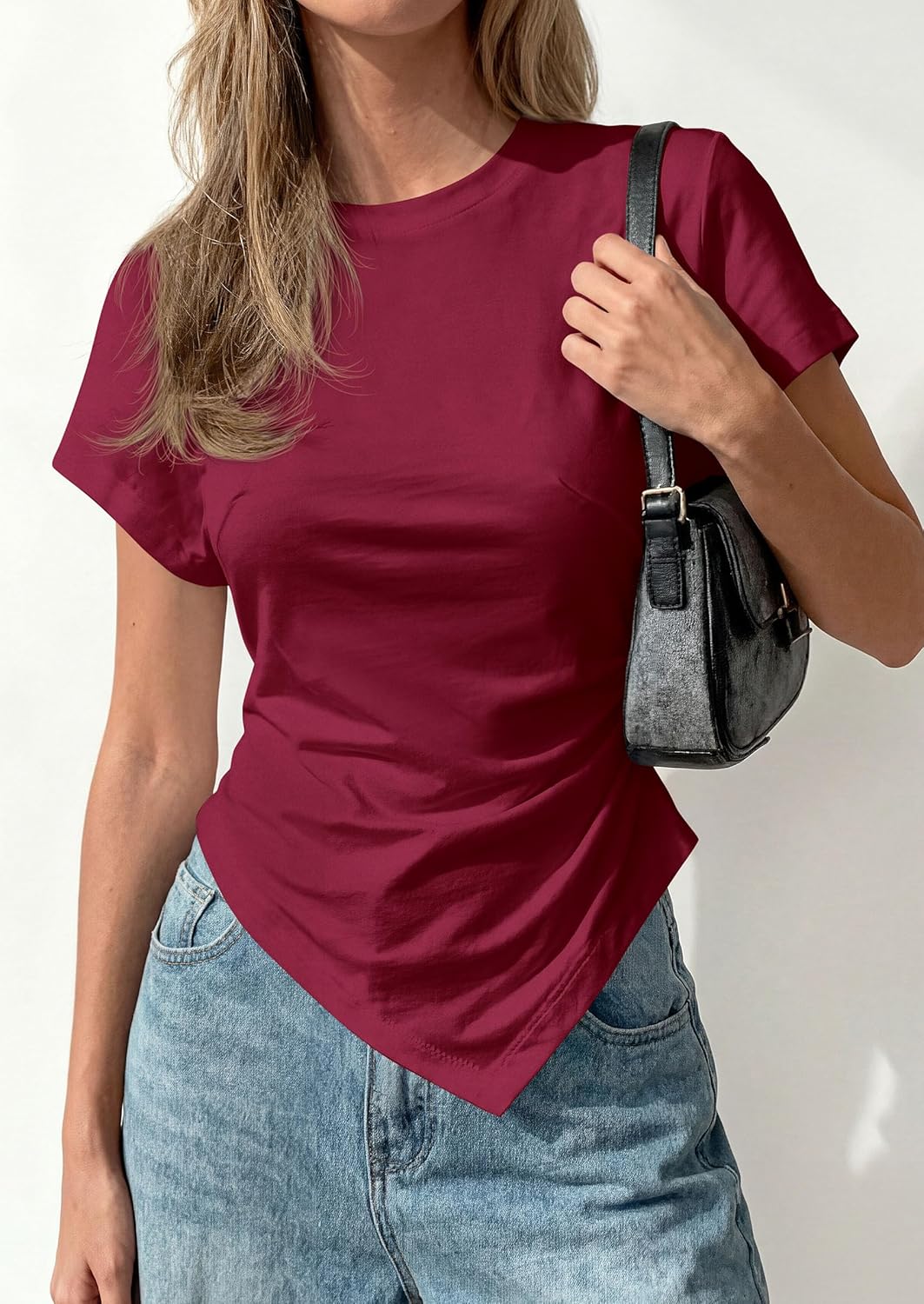 PRETTYGARDEN Womens Asymmetrical Tops 2026 Spring Summer Going Out Shirts Y2K Short Sleeve Crew Neck Ruched Trendy Clothes - Image 5