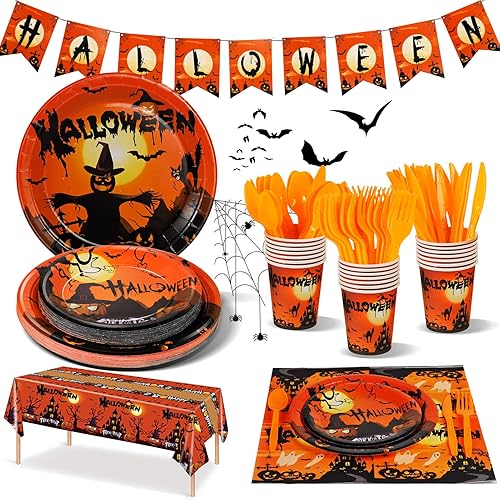 141 piezas de suministros para fiesta de Halloween Decoración de fiesta de Halloween incluye platos, vasos, servilletas, pancarta, cubiertos,