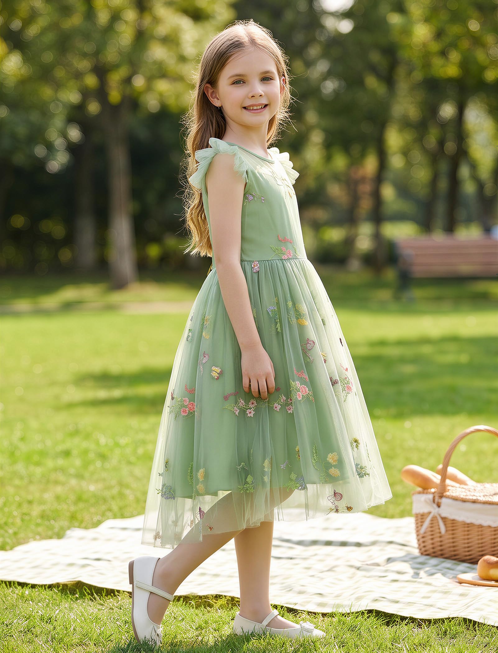 IBTOM CASTLE Mädchen Tüllkleid Rüschenärmel Blumenstickerei Stern Pailletten Tutu Kleider Geburtstag Hochzeit Party formelles Outfit
