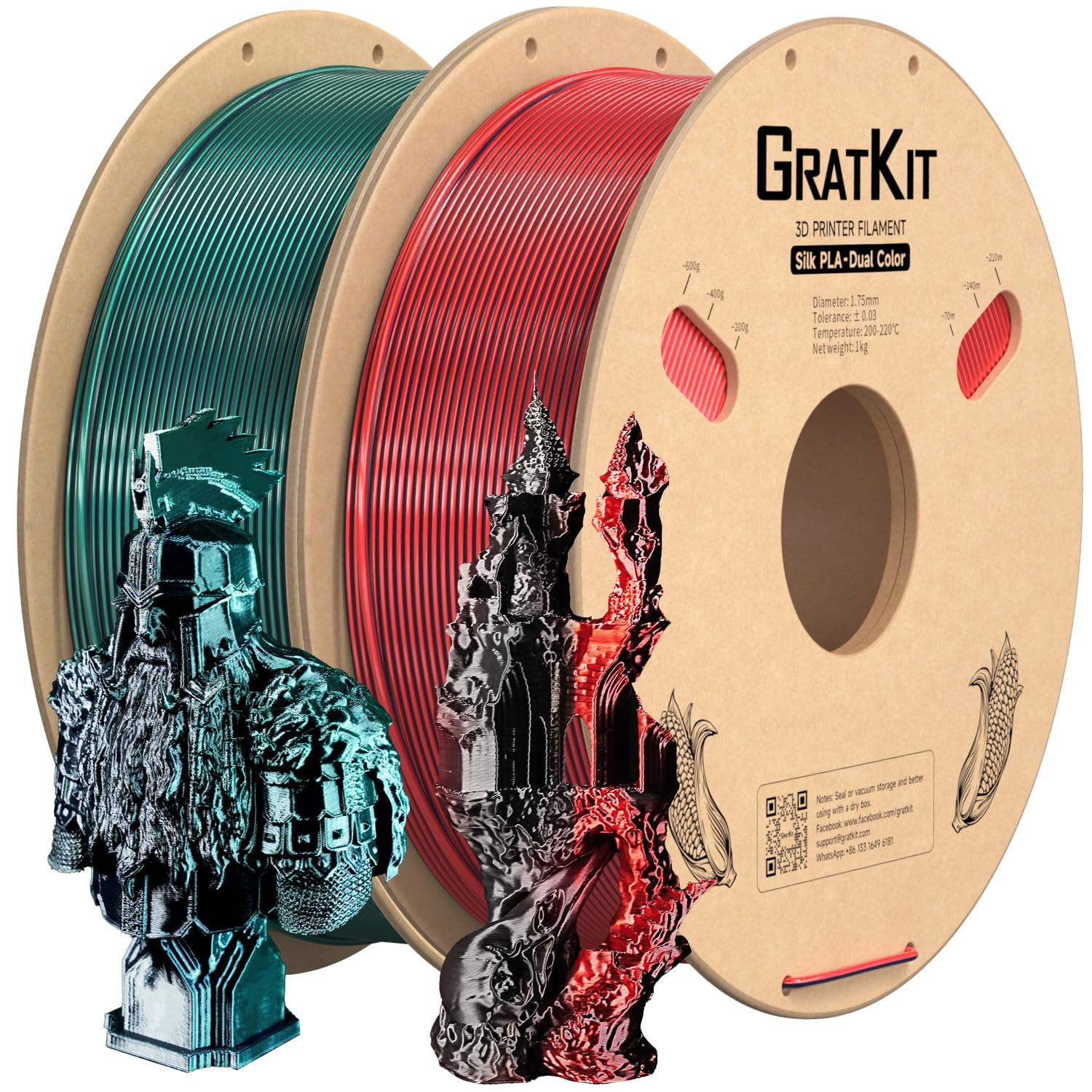 Gratkit Silk Dual Color PLA Filament, 2 * 1KG, Silk Black Green &amp; Black Red