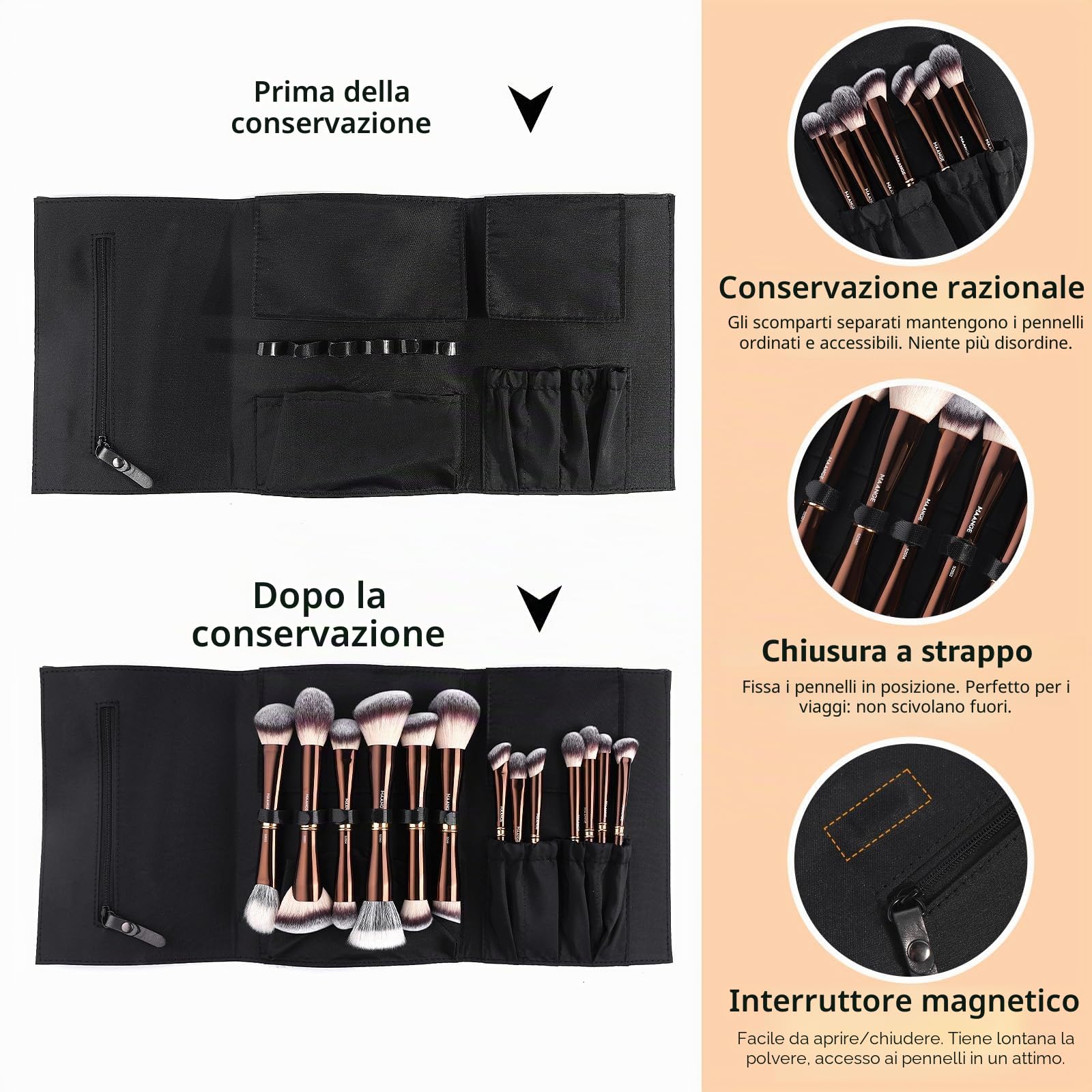 MAANGE Set di pennelli da trucco con custodia, pennelli da trucco a doppia punta, per fondotinta, contorni, cipria, correttore, ombretti, crema, cosmetici, blush, strumenti per il trucco (marrone