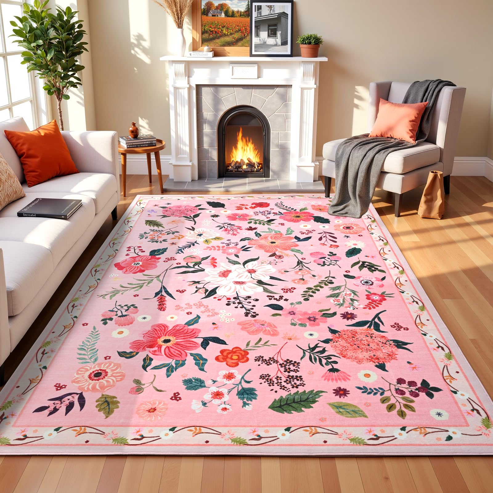 Terrug Floral Large Area Rug for Living Room, 6x9 Pink Washable Rug Boho Ultra-Thin Carpet, Soft Non Slip Stain Resistant Vintage Rug for Living Room,