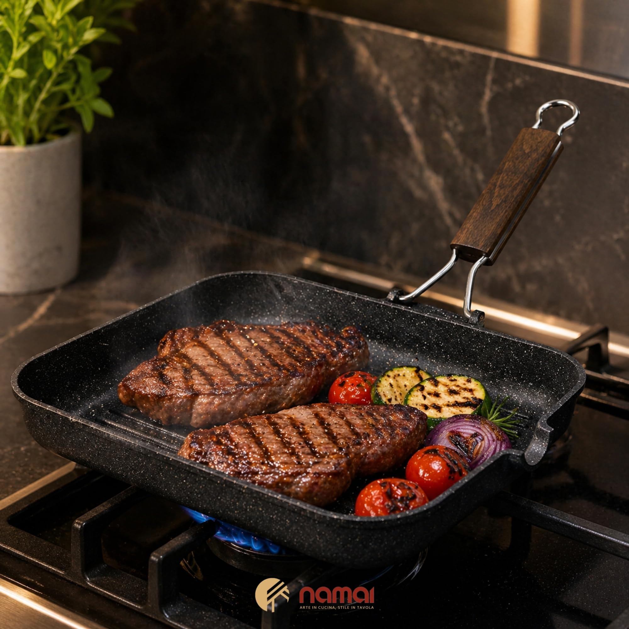 NAMAI - Sarten Plancha Antiadherente Rectangular, 35CM x 25CM, Aluminio Fundido a Presión, Apta Para Lavavajillas, Mango Plegable Para Ahorrar Espacio, Fabricada en Italia
