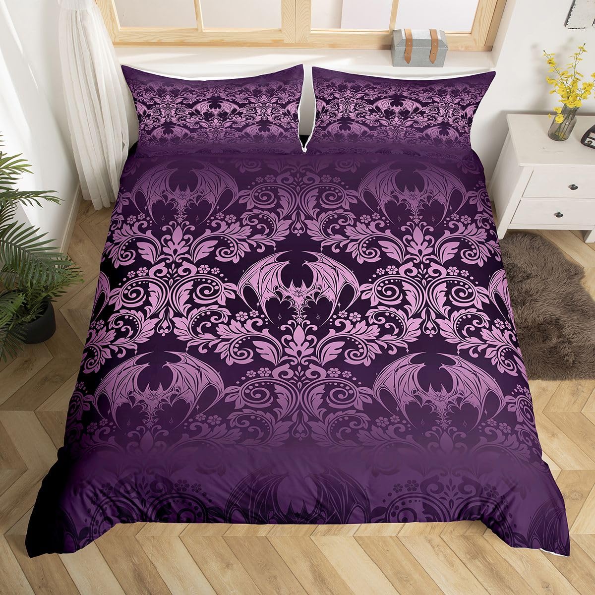 Homemissing Gothic Damask Print Duvet Cover Set Cot Size Purple Goth Bat Victorian Floral Bedding Set for Boys Girls Boho Bohemian Exotic Duvet Cover with 1 Pillowcase Bedroom Decor — image 1