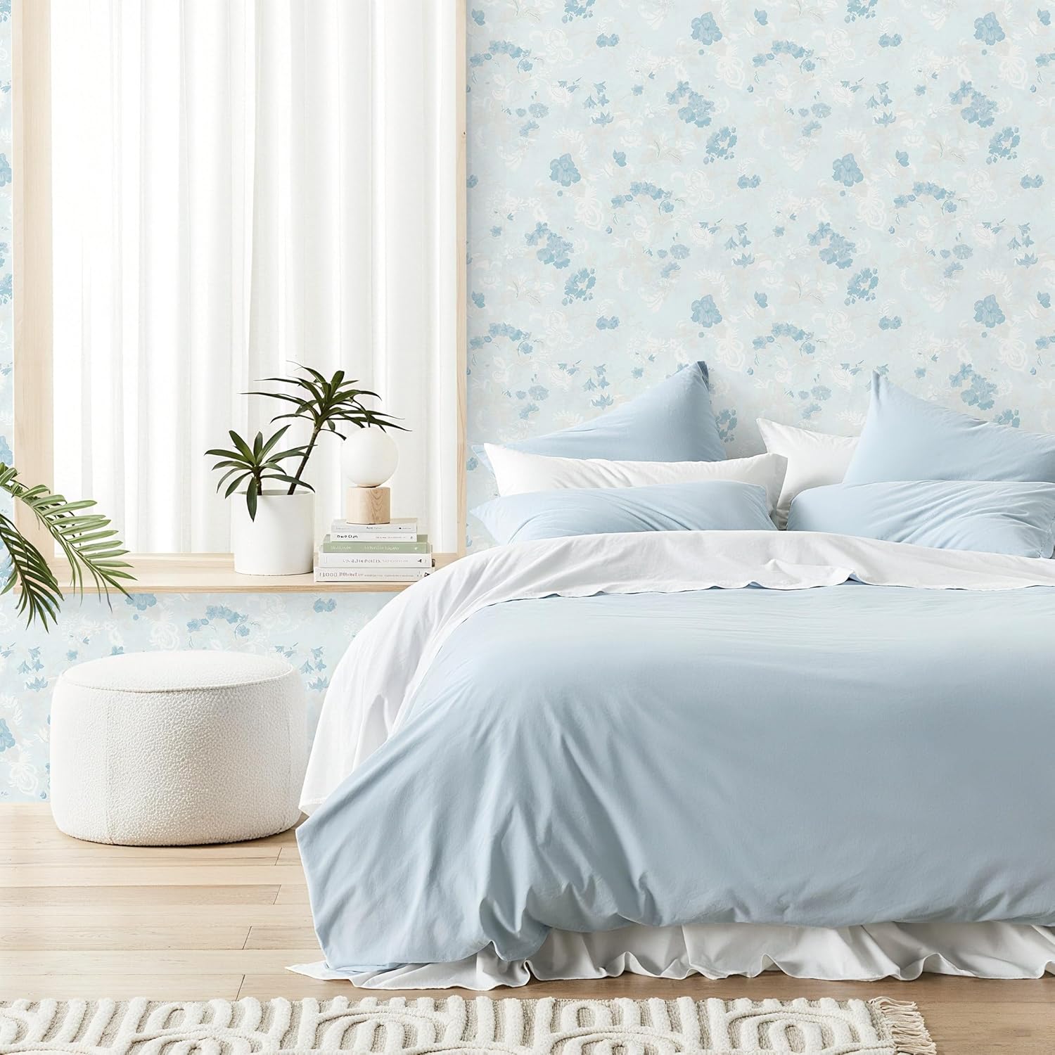 Dimoon 362"x17.3" Blue Wallpaper Floral Contact Paper Peel and Stick Wallpaper White Vintage French Country Renter Friendly Bathroom Boho Flower Removable Wall Paper Kitchen Self Adhesive Vinyl Roll