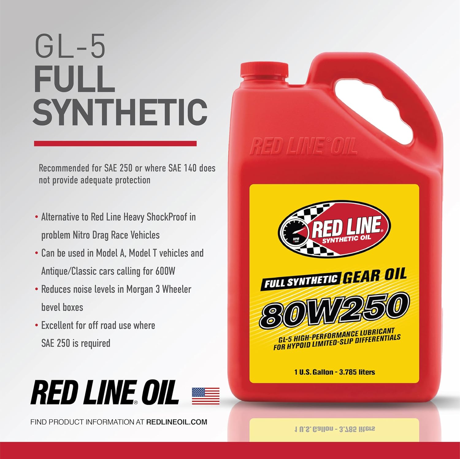 Red Line 58605 80W250 GL-5 Full Synthetic Gear Oil for Hypoid Limited Slip Differentials - 1 Gallon
