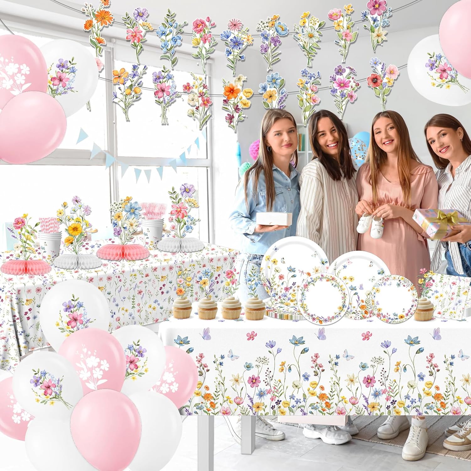 193Pcs Spring Wildflower Party Decorations Include Plates, Napkins, Cups, Balloons, Banner, Tablecloth, Cake Toppers, Honeycombs for Floral Birthday Baby Shower Party, Serve 24