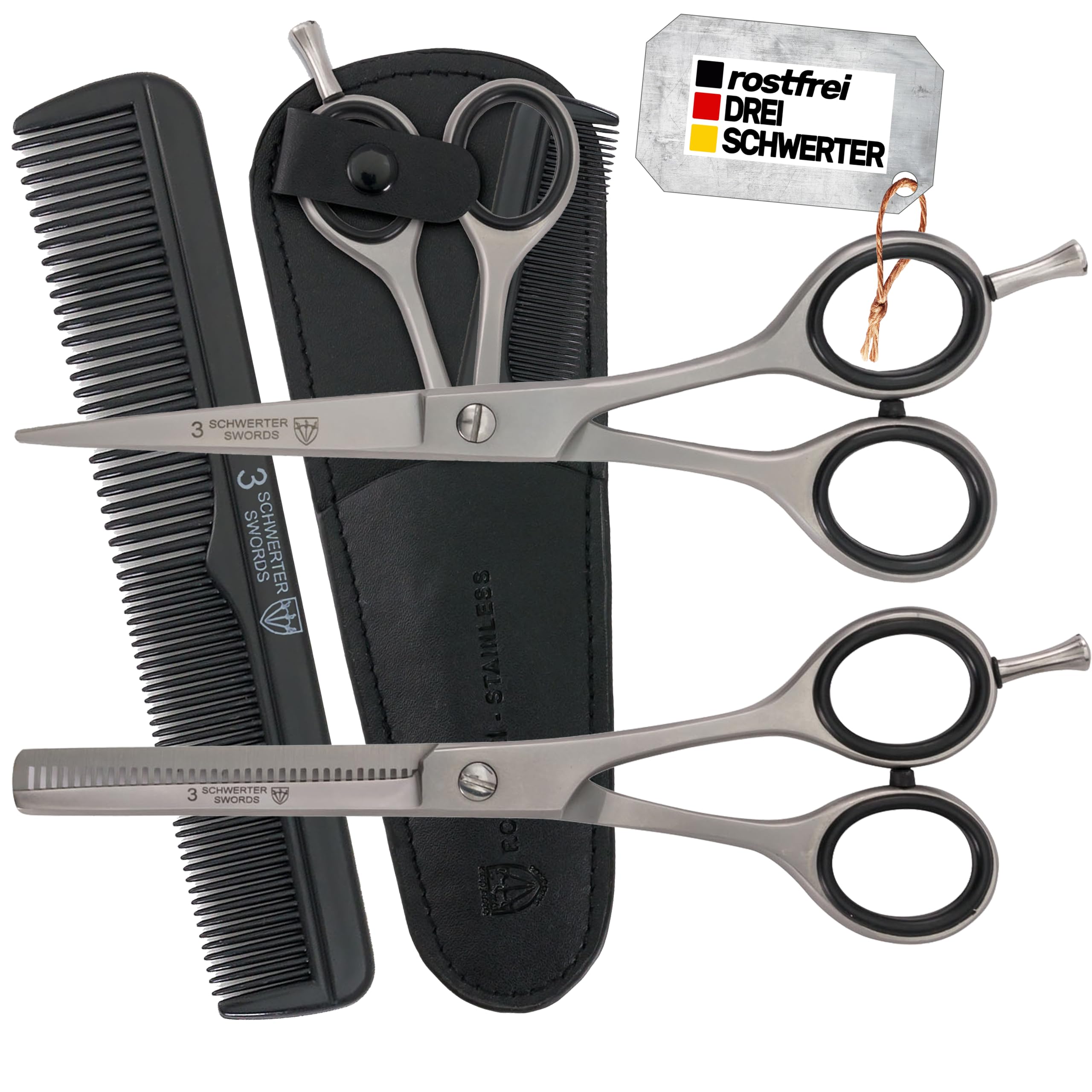 DREI SCHWERTER - Rostfreie professionelle Haarschere und Effilierschere im SET NEU mit Kamm