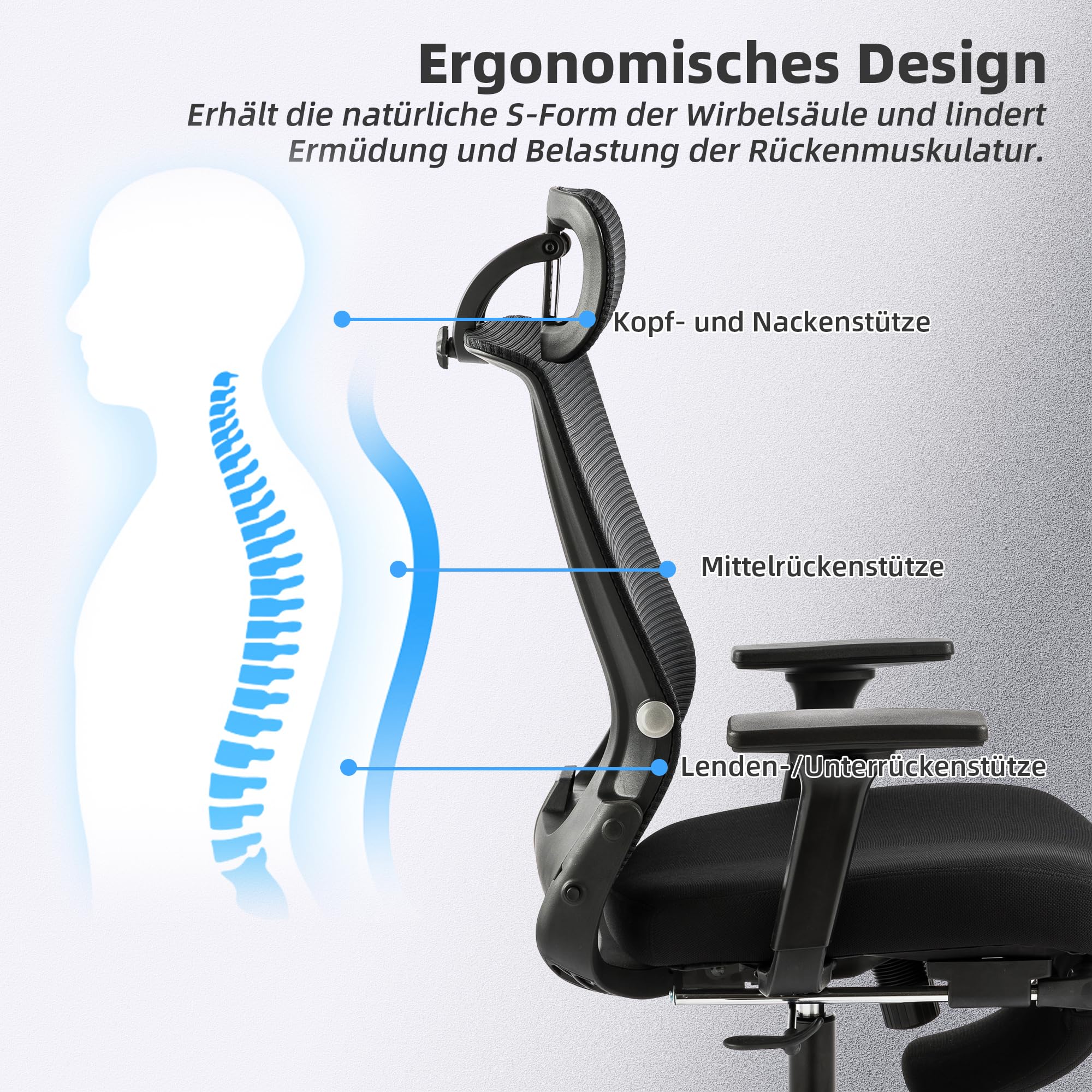 Klappbar Bürostuhl mit Fußstütze, Ergonomisch Schreibtischstuhl mit Lendenwirbelstütze, Kopfstütze, Chefsessel Mesh Stuhl 150 kg für platzsparendes Arbeiten von zu Hause aus, Schwarz