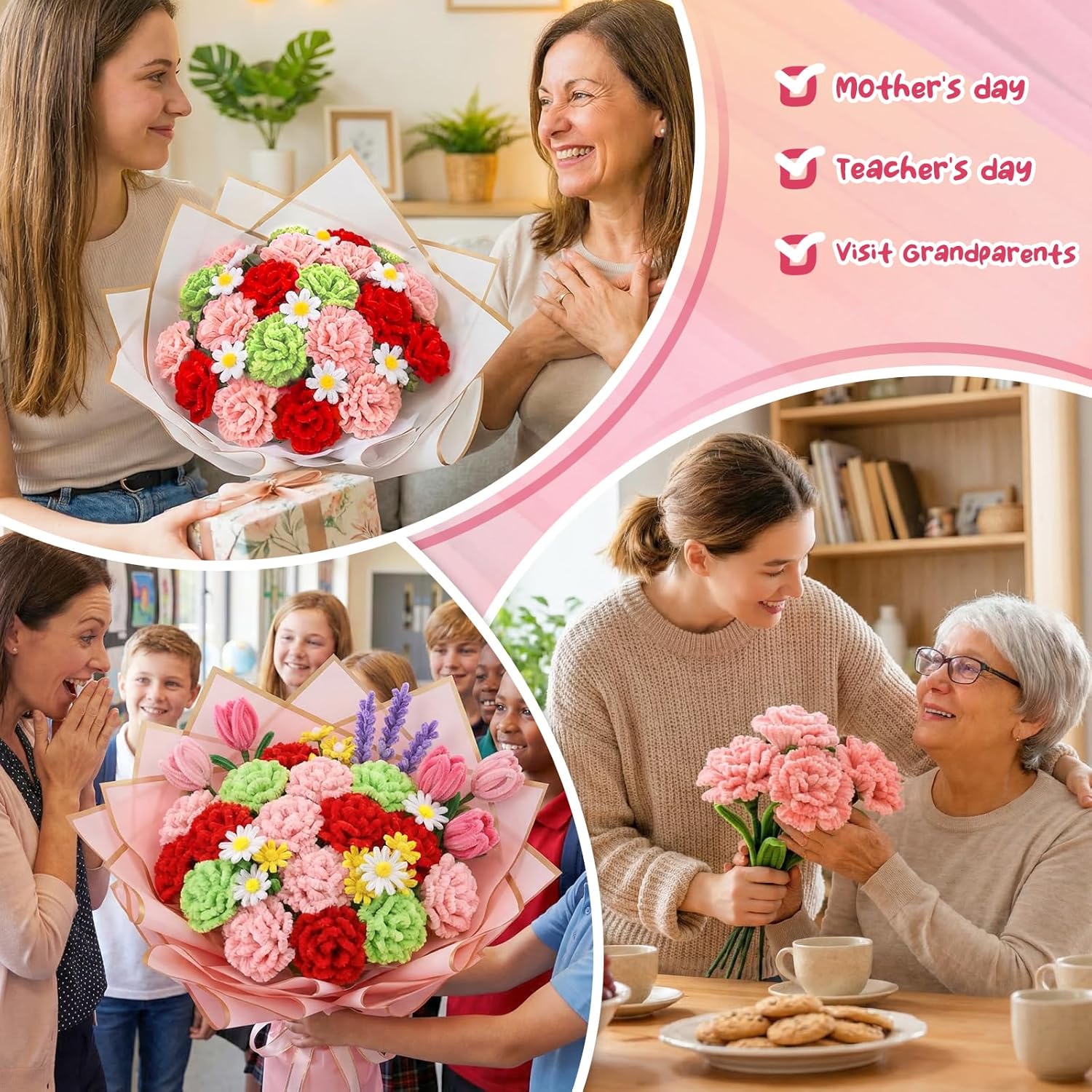645Pcs Pipe Cleaners Crafts, Pipe Cleaner Carnations Flower Kit with Instructions, Hot Melt Gun & Floral Wires, 4 Colors Chenille Stems to DIY Flowers for Mother's Day, Holiday Gifts & Home Decors