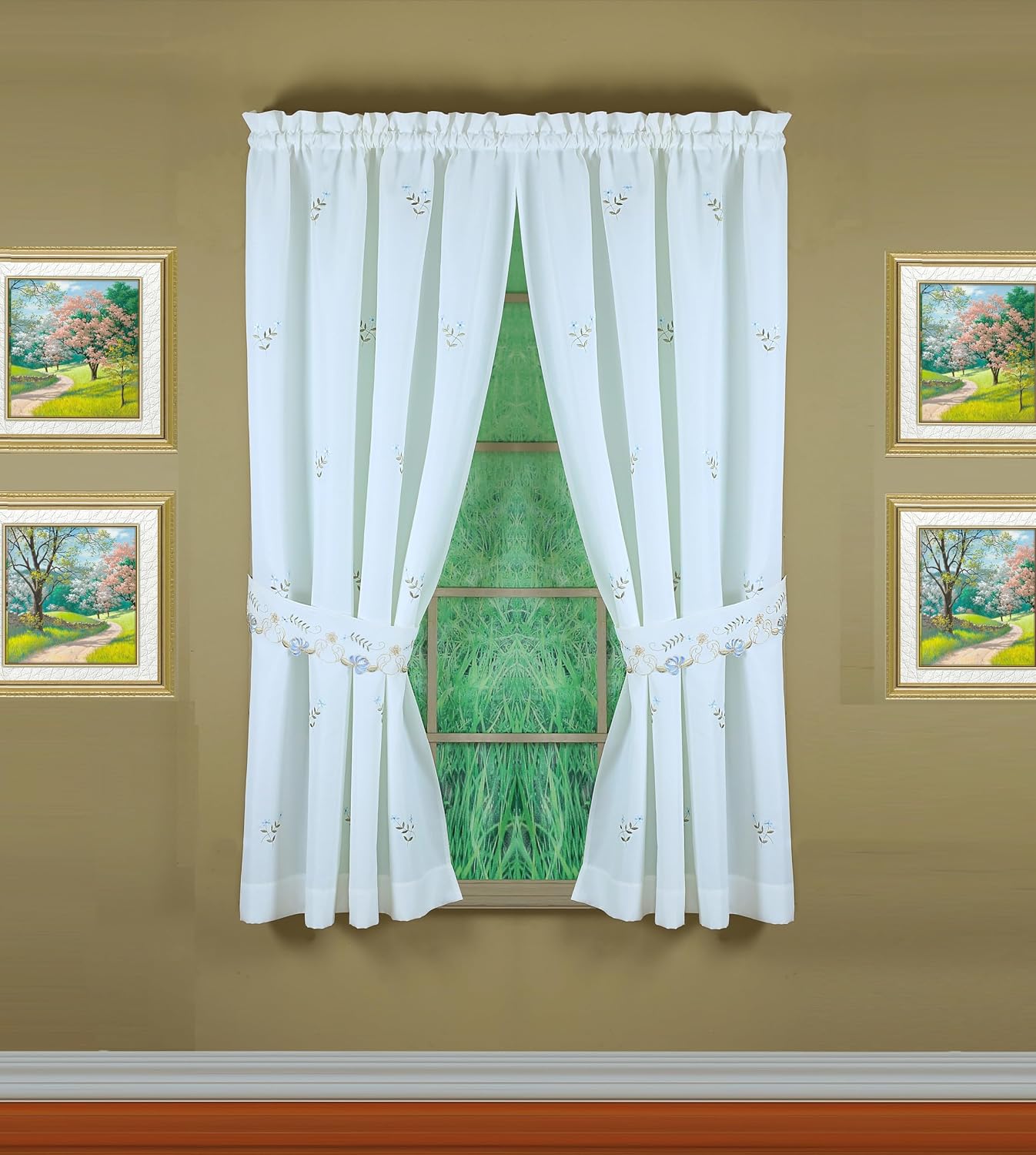 Today's Curtain Verona Reverse Embroidery Panel Pair and Tiebacks, 63", White/Blue, 80" W X 63" L