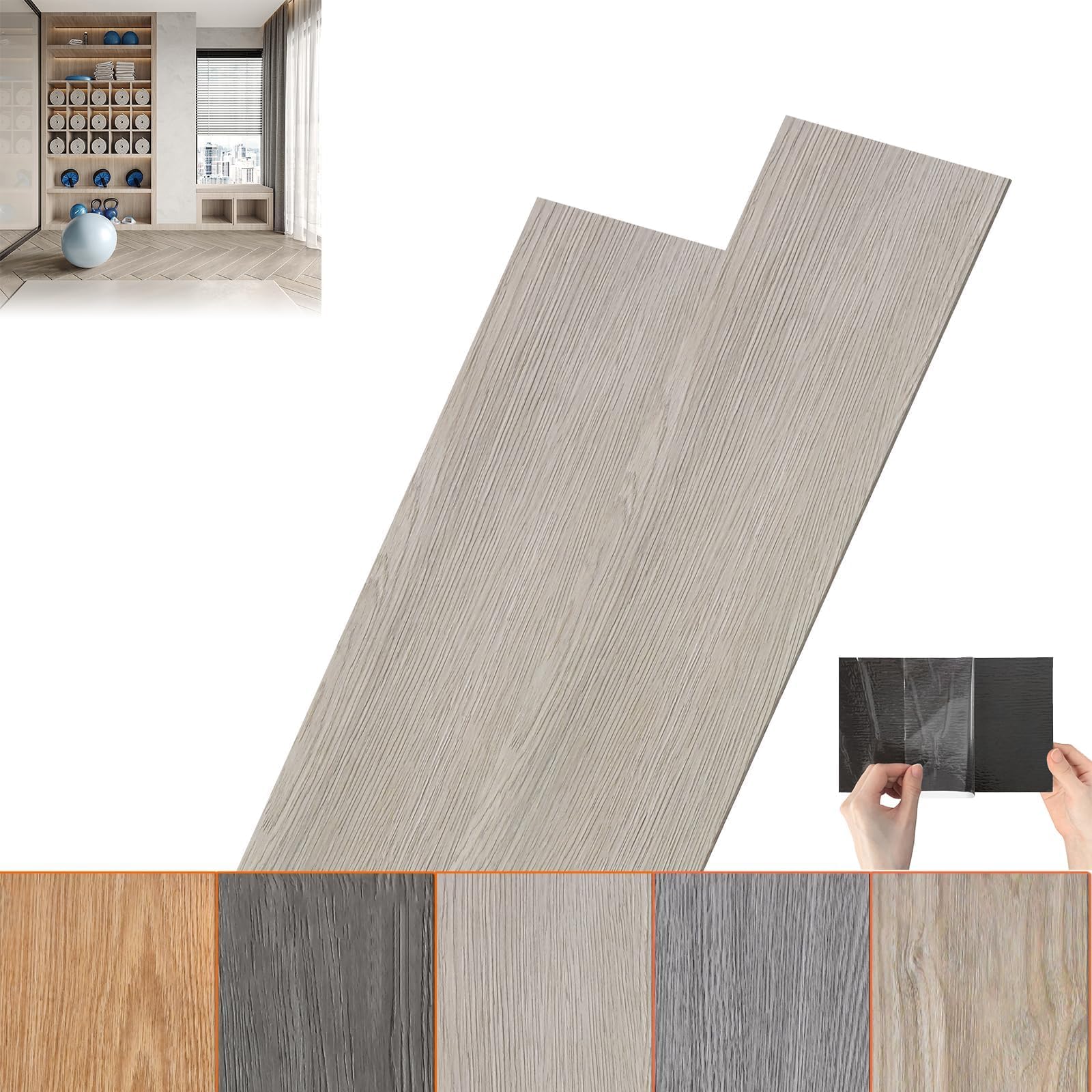 ACXIN Pavimento in PVC autoadesivo effetto legno, 7,5 m² (54 pezzi), grigio fumo