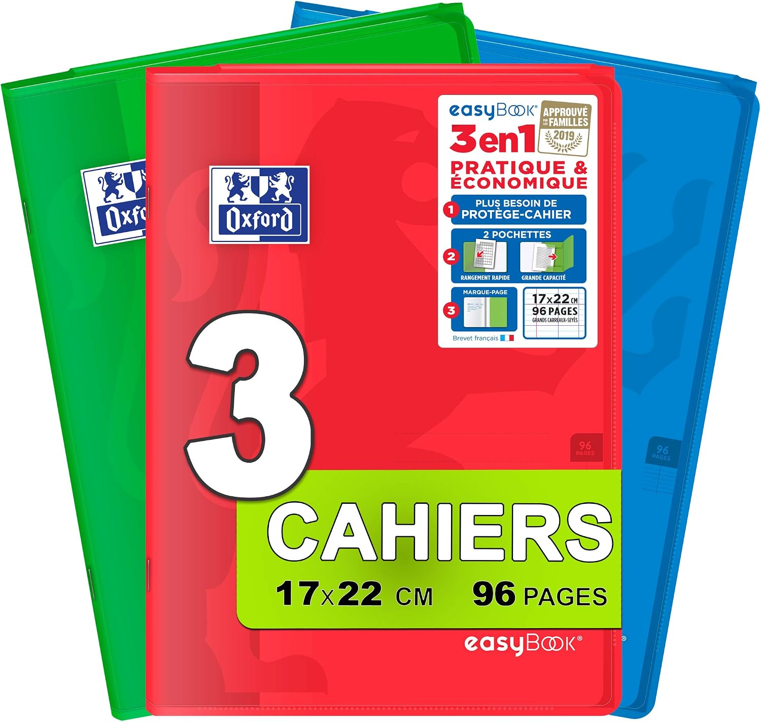 B>Oxford</b> <b>EasyBook</b> <b>Lot</b> <b>de</b> <b>3</b> <b>Cahiers</b> <b>Grands</b> Agrafes 24x32 Cm <b>96</b - 8