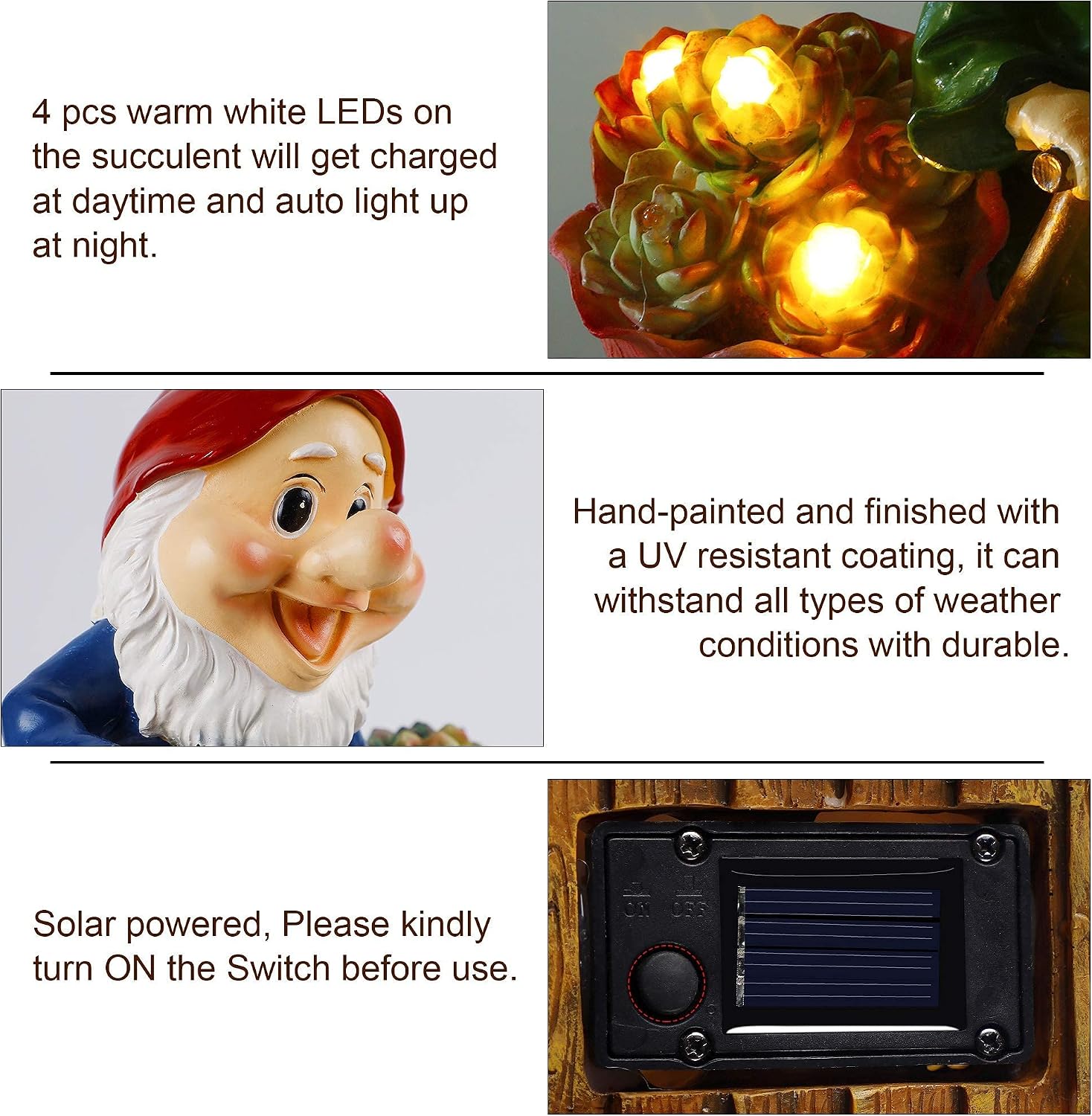 Juegoal Set of 2 Garden Gnome Statues, Solar Powered LED Lights Resin Gnome Elf Figurine with Succulents, Lighted Garden Art Outdoor Spring Decorations for Patio Yard Lawn Porch, Ornament Gift