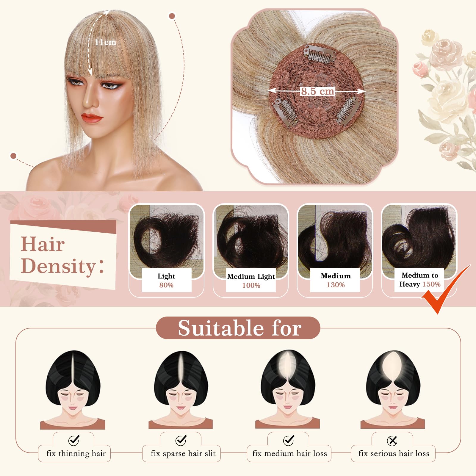 Elailite Real Human Hair Toppers for Thinning Hair Women with Bangs - Image 3