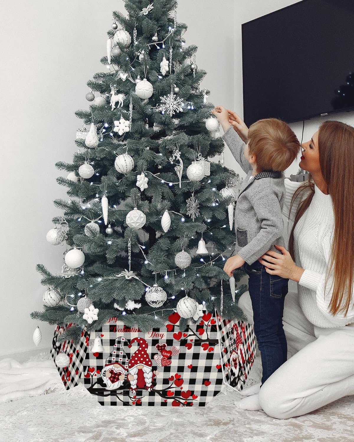 Christmas Tree Collar 4PCS-14.5"x 10", Christmas Tree Ring Valentine's Day Black and White Plaid Gnomes Love Tree Christmas Tree Stands Skirts Base Covers for Xmas Holiday Home Decor