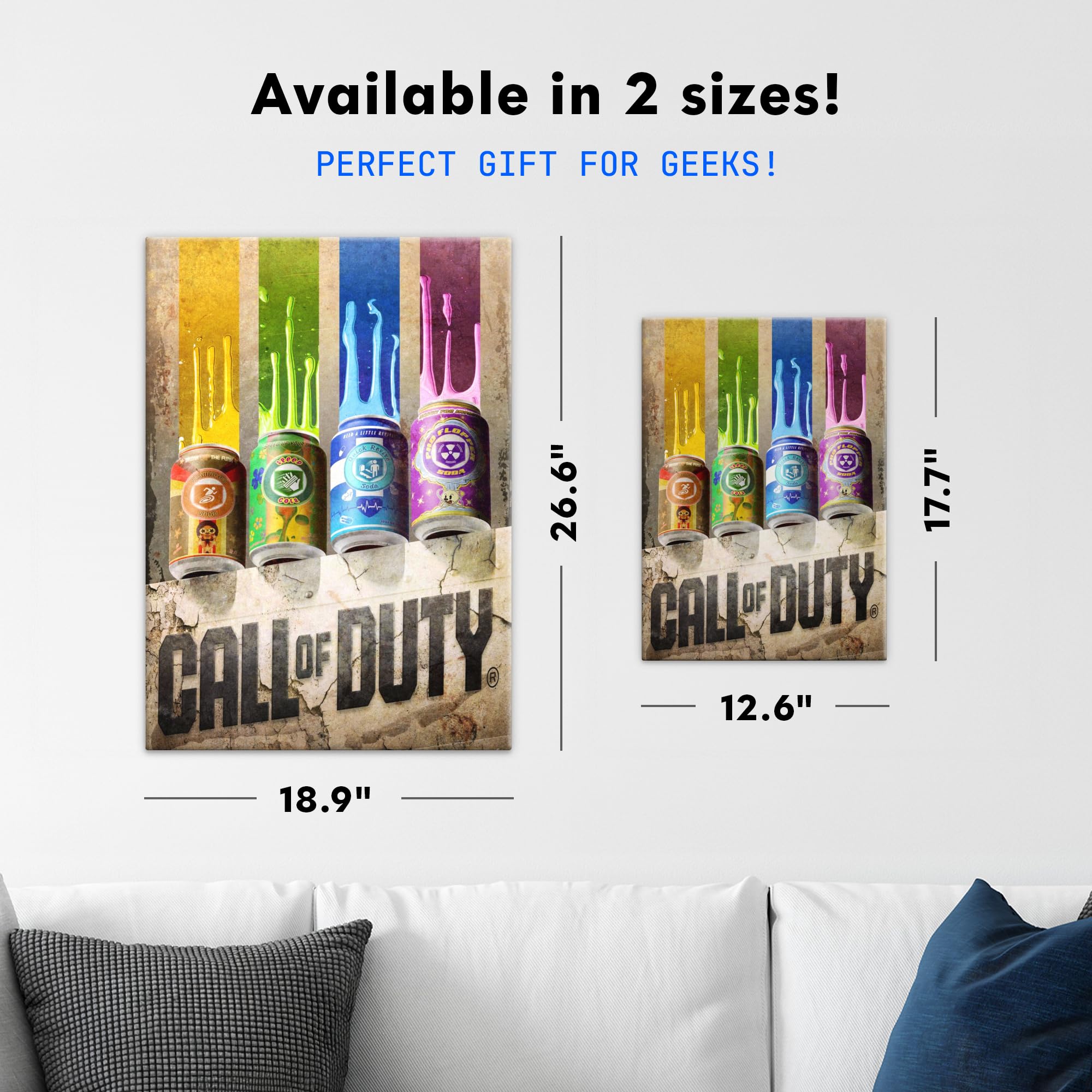 Displate Metall poster Call of Duty Perk-a-Cola Cans Wandkunst Deko Größe M | Bild Plakate für Schlafzimmer Dekor, Geschenke. Magnetische Befestigung Wandposter, Wanddeko. Metall Wandkunst.