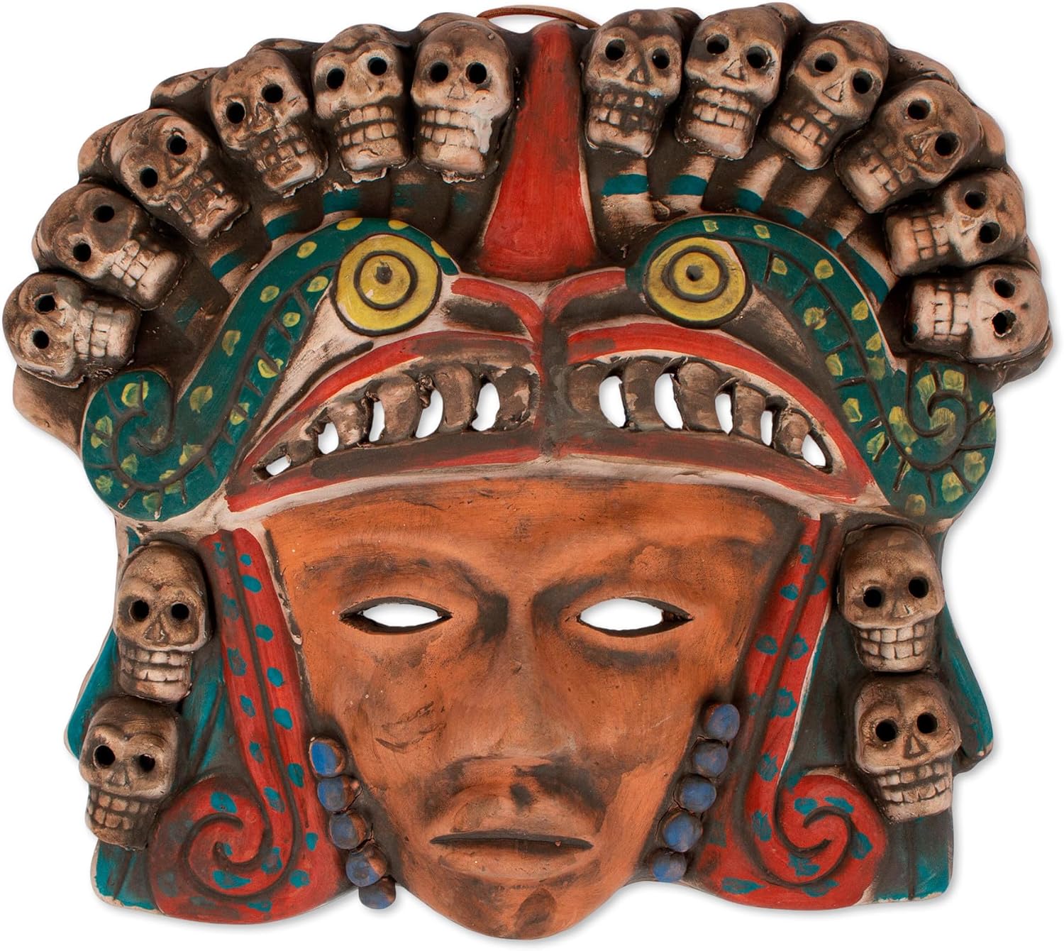 NOVICA Handmade Ceramic Mask Mexican Prehispanic with Skulls Earthtone Archaeological Aztec Cultural [12in H x 14in W x 3.1in D] 'Quetzalcoatl Death Dance'